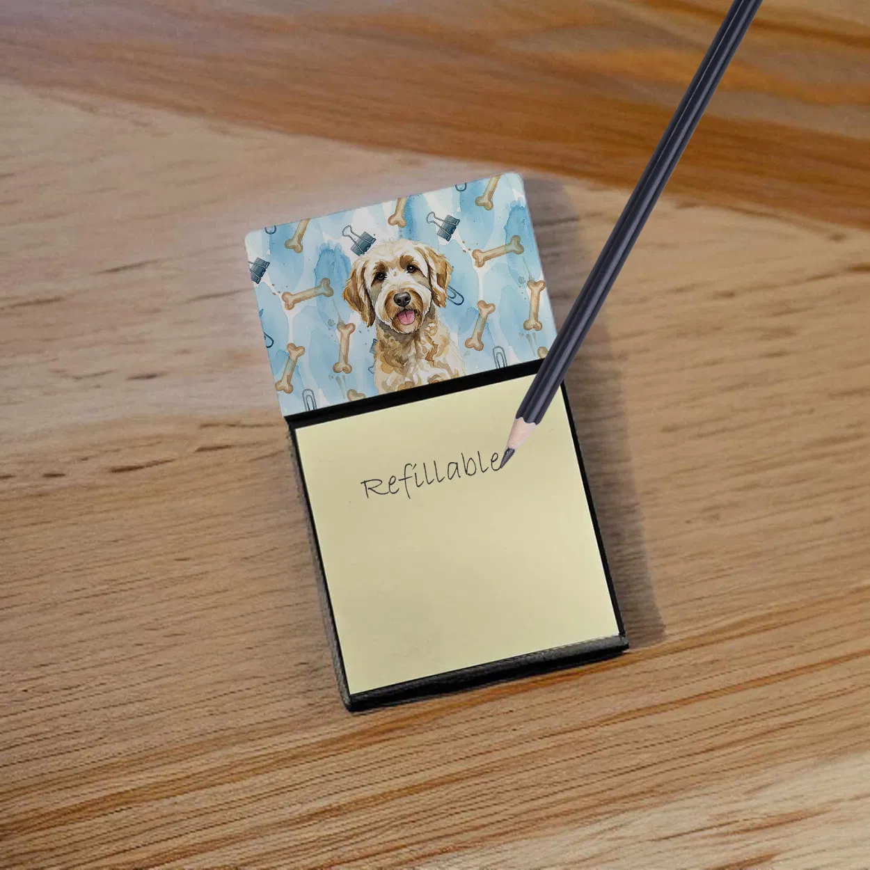 Yellow Labradoodle Coworker Watercolor Sticky Note Holder Refillable Dispenser Desk Accessory 3x3 Pad Gift photo 6