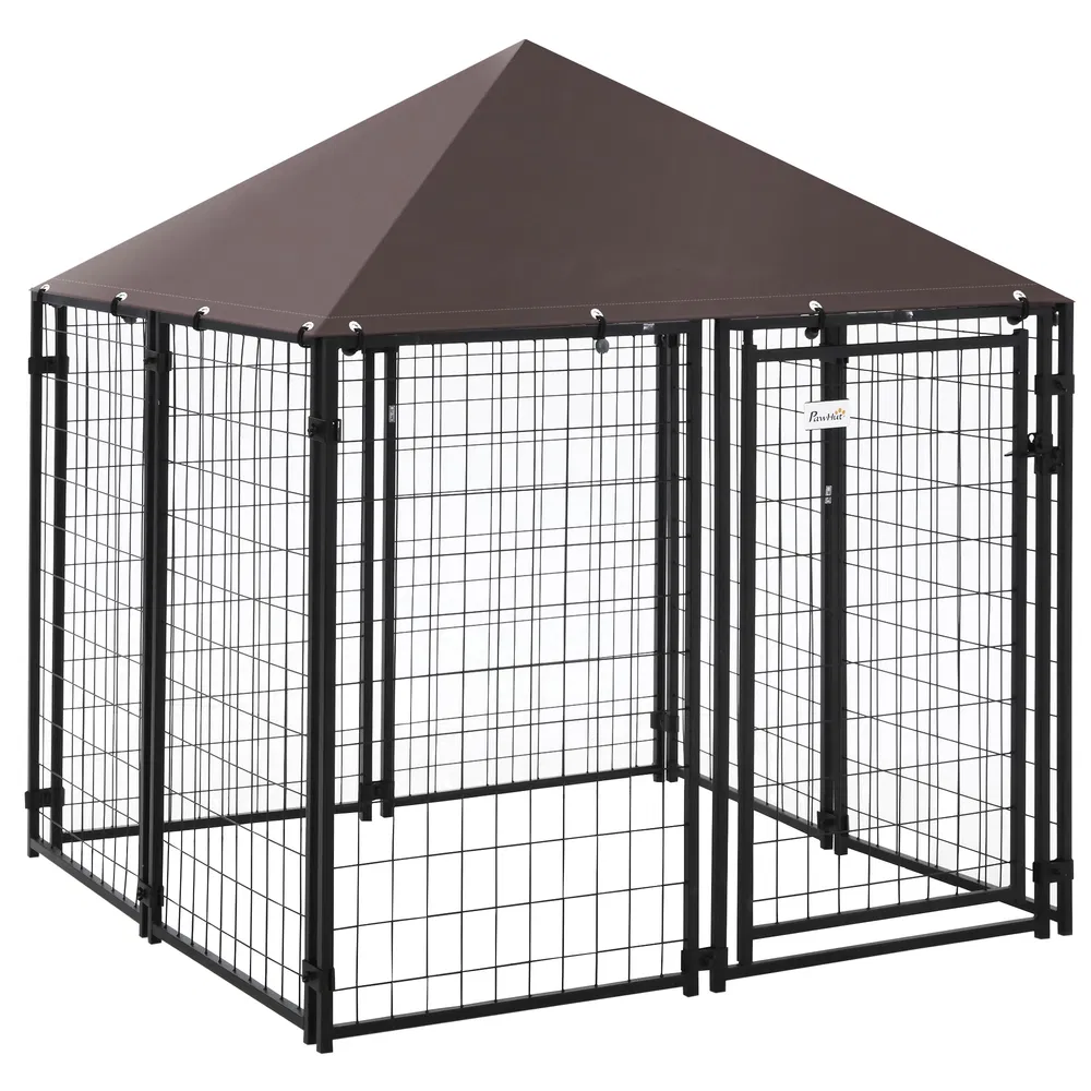 Outdoor Dog Kennel, Welded Wire Steel Fence, Lockable Pet Playpen Crate, with Water-, UV-Resistant Canopy Top, Door, 4.6ft x 4.6ft x 5ft, Black photo 7