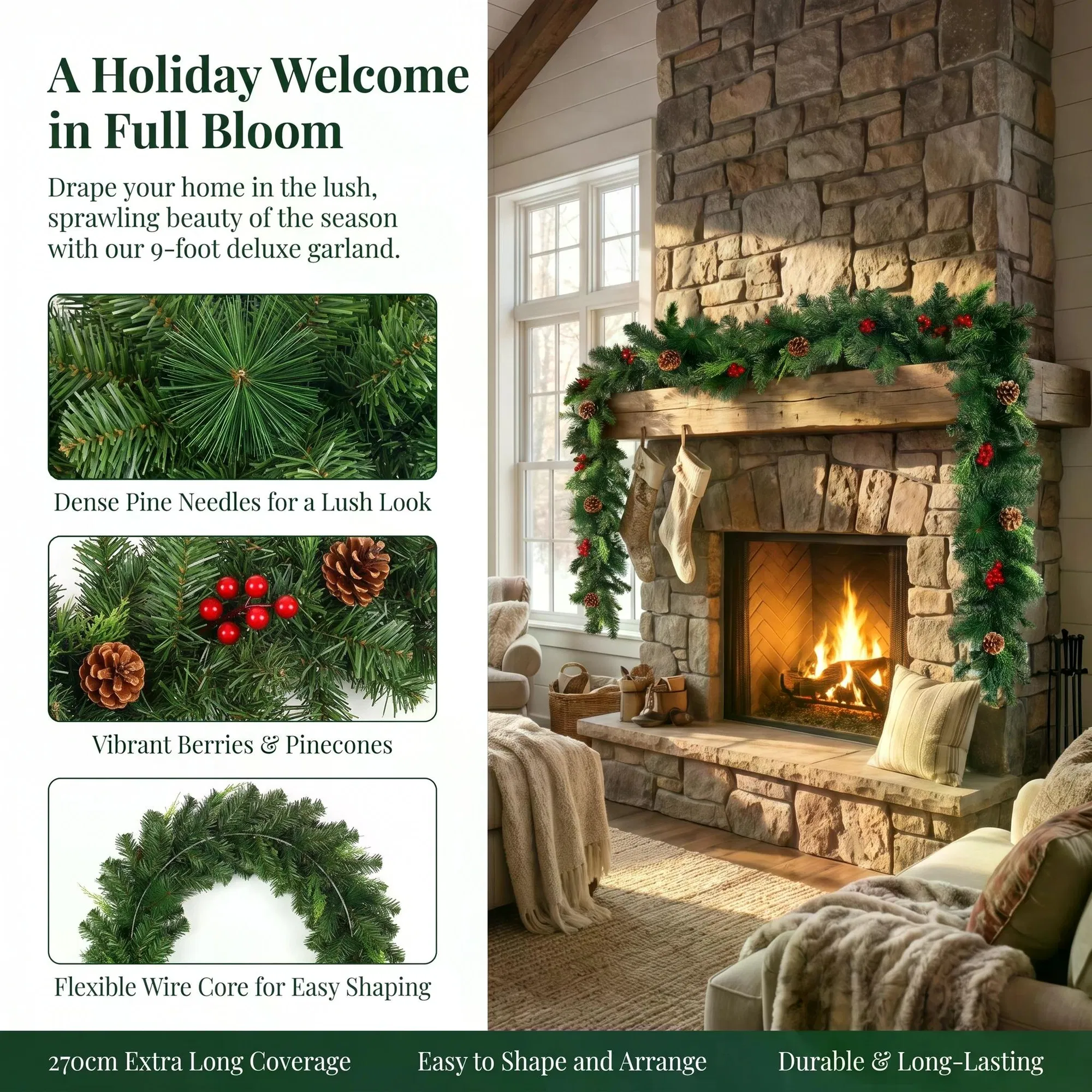 270cm Christmas Garland | Artificial Pine Needles & Berries Decor | For Staircase/Fireplace Hanging | Multicolor PVC Material | Home Holiday Atmosphere Decoration photo 5