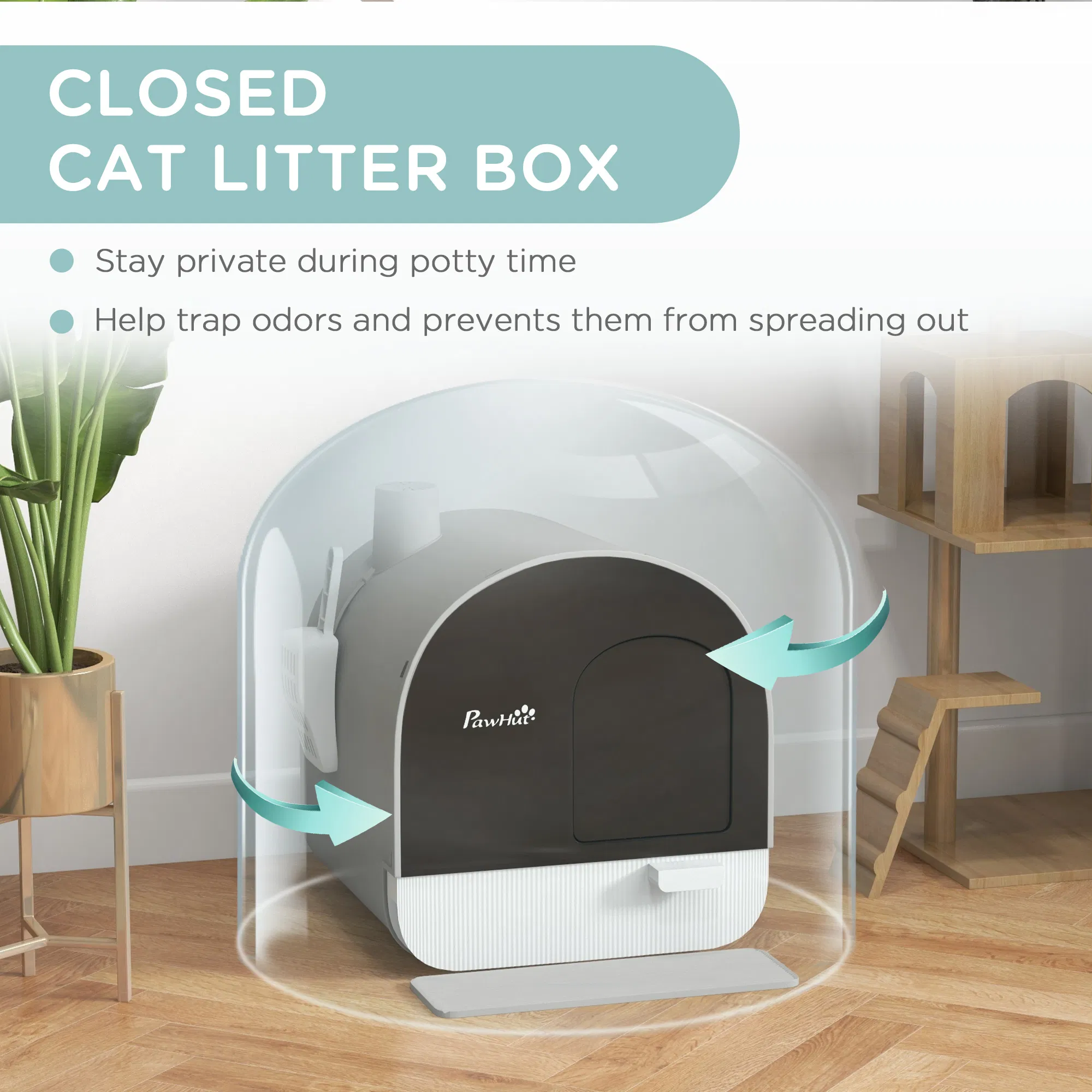 Cat Litter Box with Lid, Removable Tray, Scoop, Filter, Light Grey photo 4