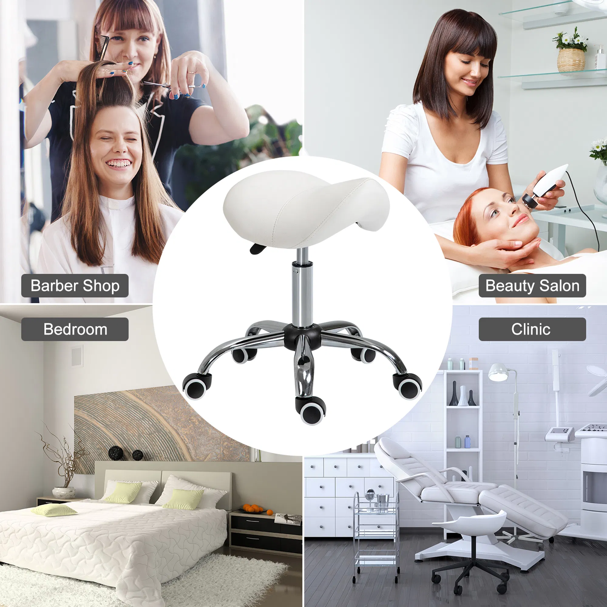 Cream White Rolling Salon Stool: Adjustable Hydraulic Swivel Saddle Chair, PU Leather Spa Beauty Seat photo 2