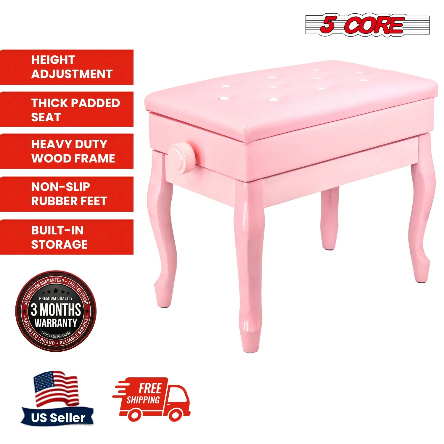 5 Core Piano Bench Wooden Height Adjustable Stool Heavy Duty Keyboard Seat with Storage photo 6