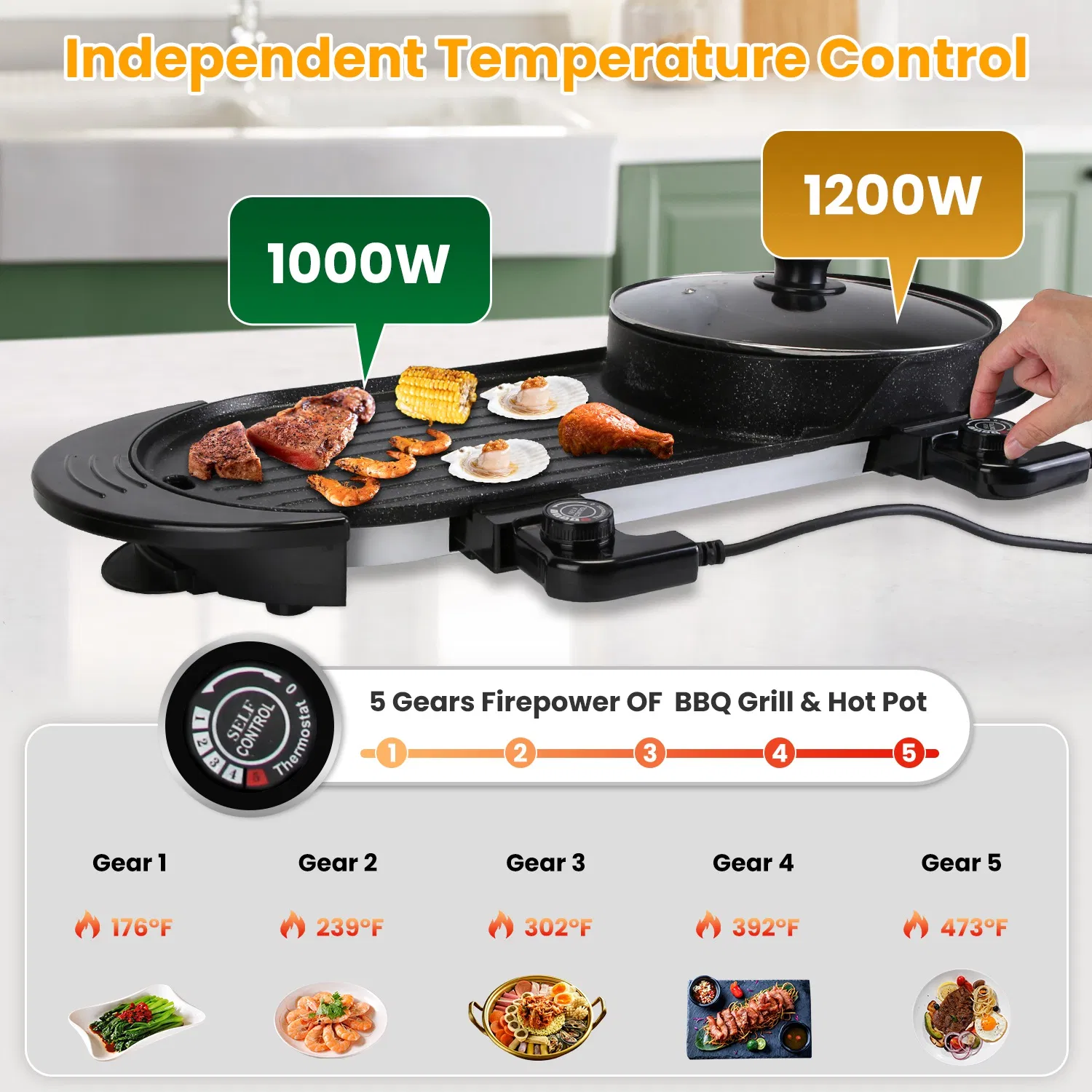 2200W Electric Hot Pot and Grill Combo, 2 in 1 Independent Control Non-Stick Electric Cooker, Smokeless Grill with Hot Pot for 2-10 Persons photo 5