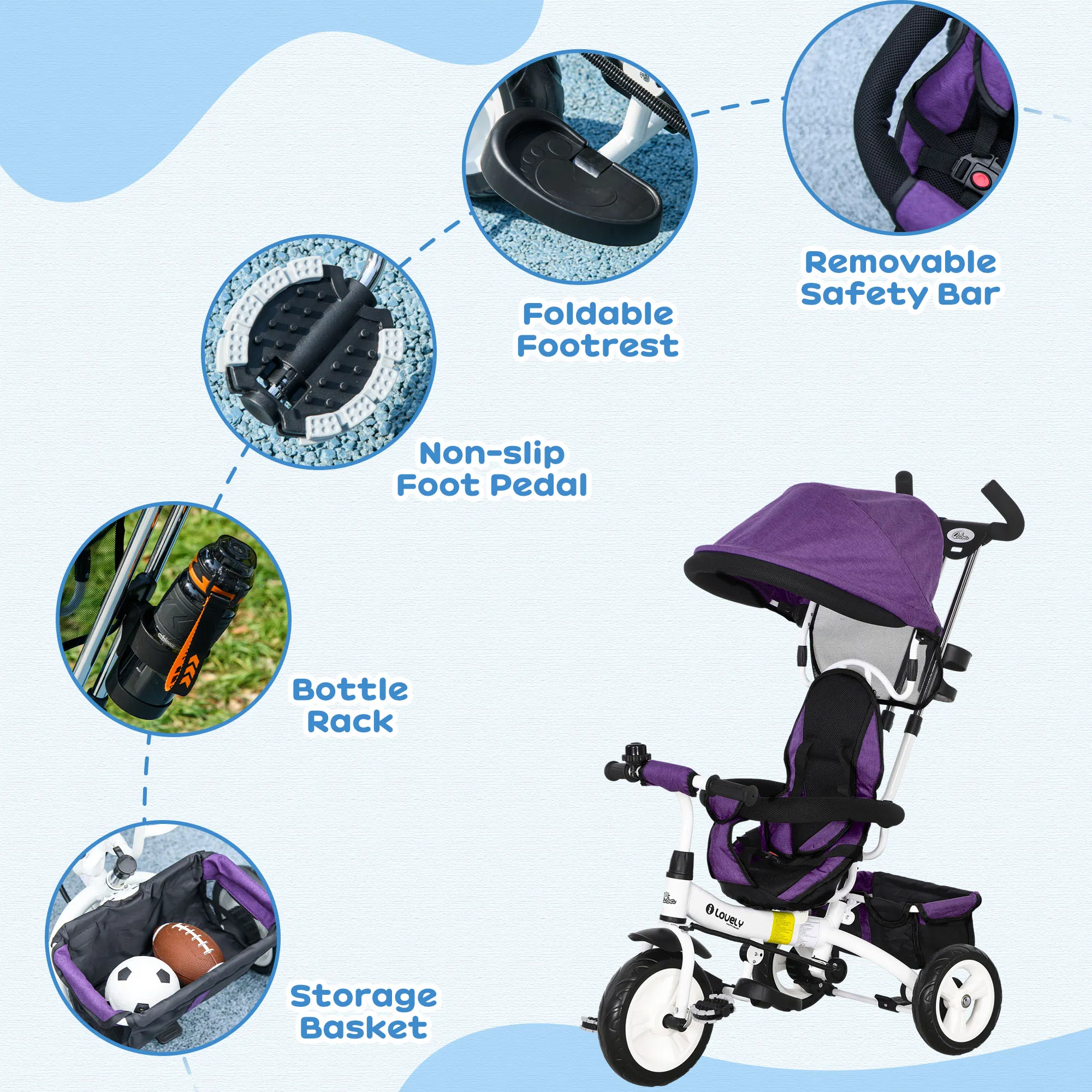 6 in 1 Toddler Tricycle Stroller with Basket, Canopy, 5-point Safety Harness, for 12-60 Months, Purple photo 2