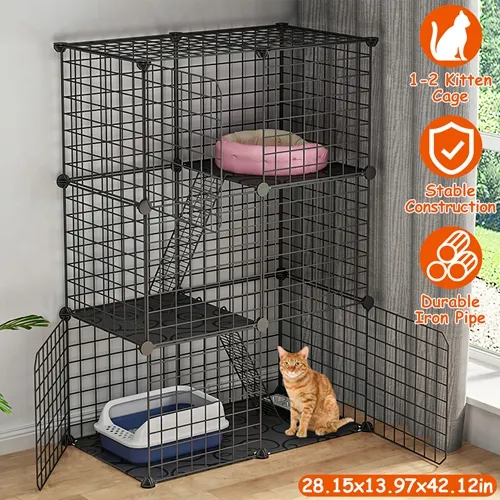 3 Tier Cat Playpen Cage Metal Indoor Cat House Detachable Kitten House with 3 Doors 2 Ladders Large Cat Exercise Place for 1-2 Cats Black photo 3