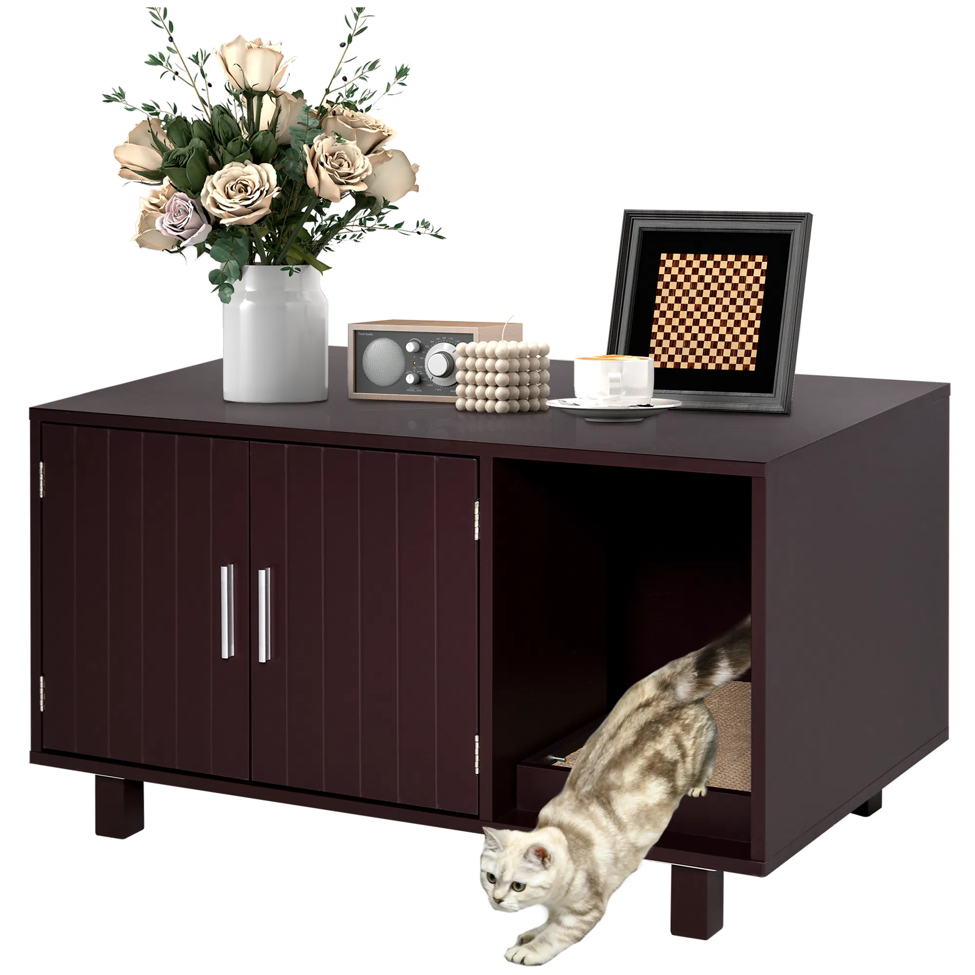 Cat Litter Box Enclosure, Hidden Litter Box Furniture, Cat House End Table Washroom with Scratching Pad, for Indoor Cats Kittens, Brown photo 1