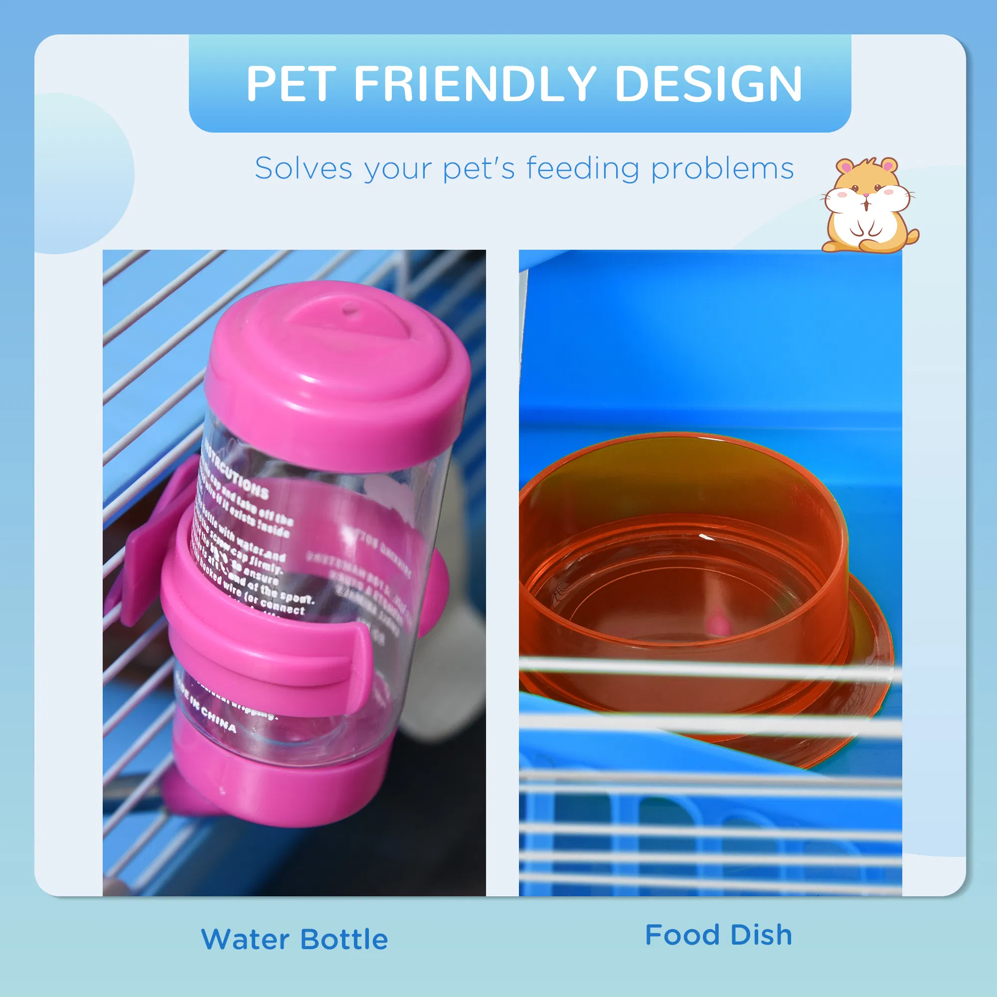 18"L Hamster Cage, Small Animal House, 2-Level Rat Gerbil Haven with Tunnel Tube System, Exercise Wheel, Water Bottle, Food Dish, Ramp, Blue photo 4