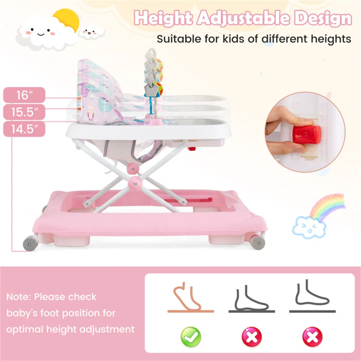 Pink Foldable Baby Walker with Detachable Tray & Shape Sorter Toys, 3-Level Height Adjustable for 6-12 Months photo 8