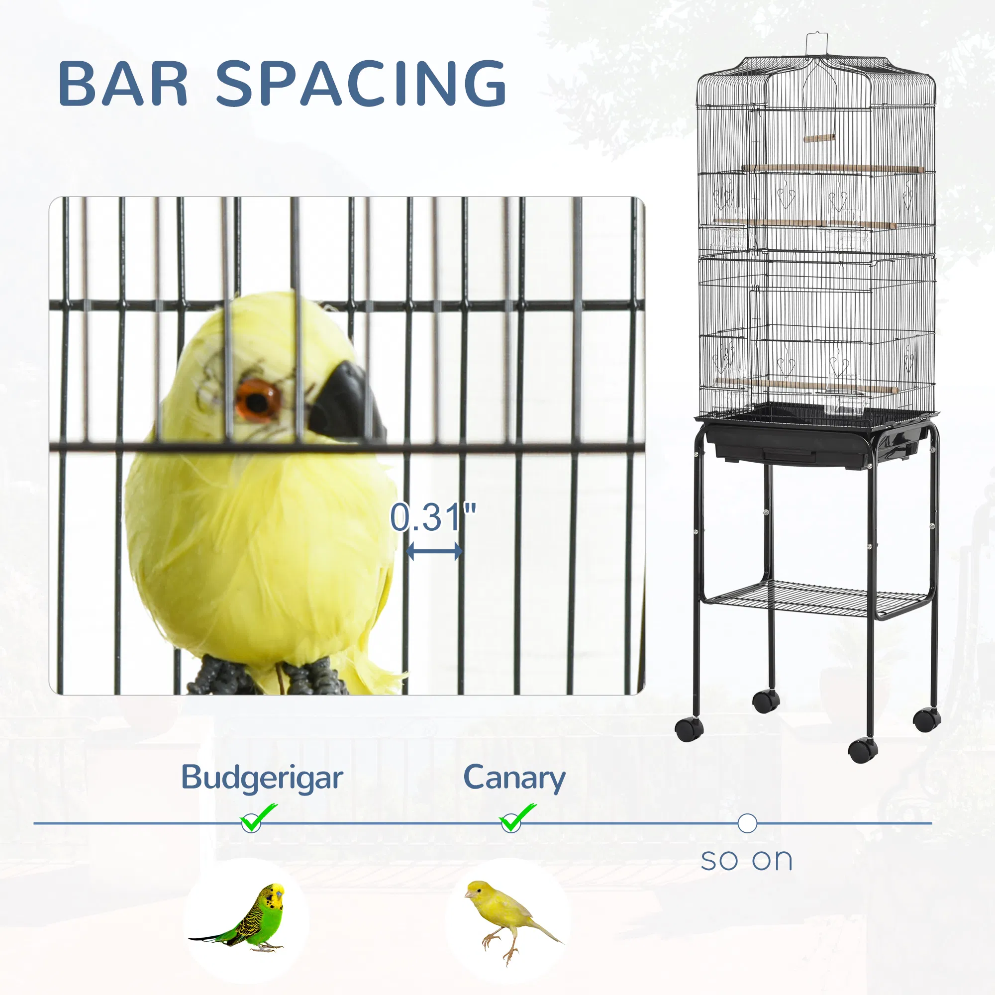 62" Rolling Bird Cage Cockatoo House Play Top Finch Pet Supply with Storage Shelf, Wheels - Black photo 3