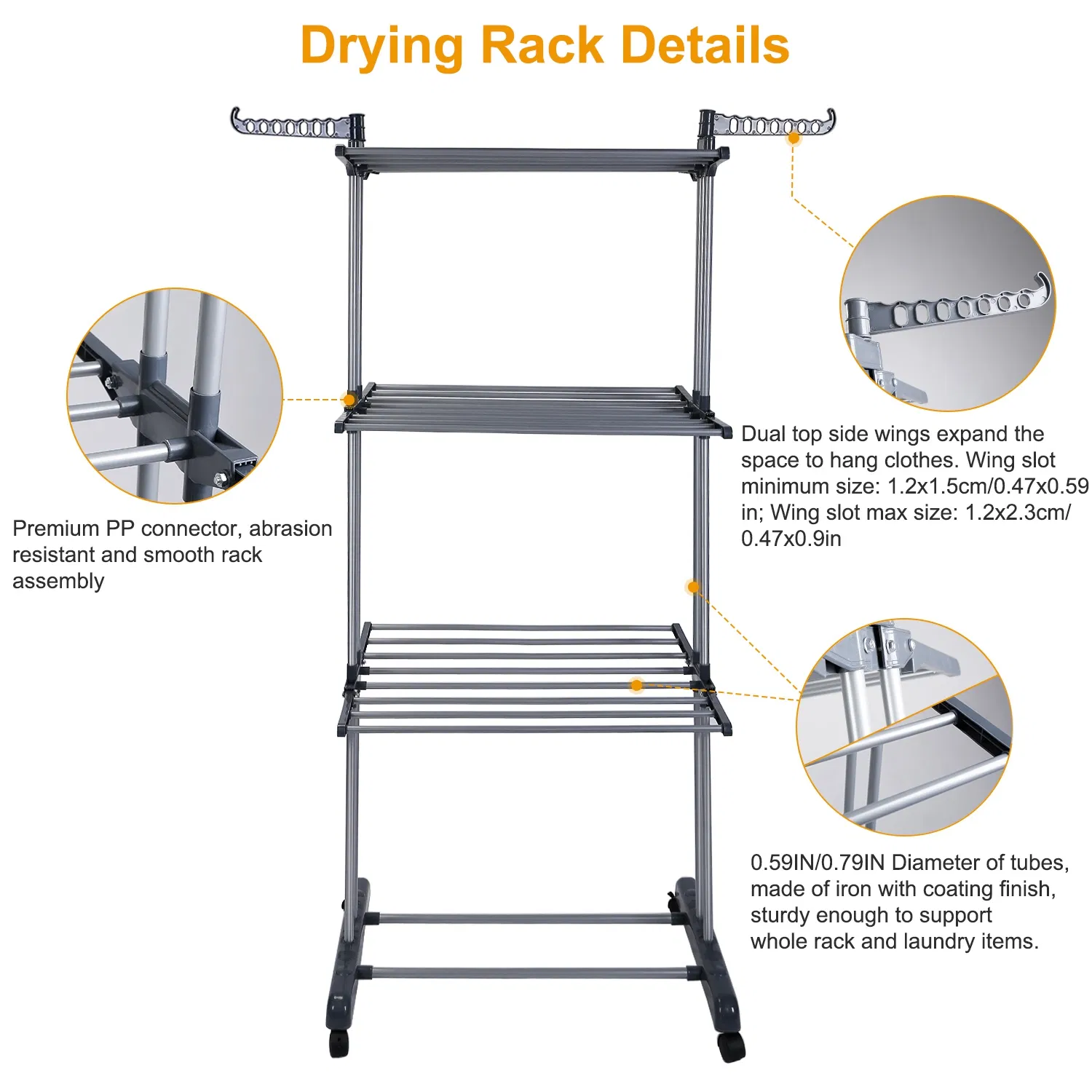 Clothes Drying Rack Rolling Collapsible Laundry Dryer Hanger Stand Rail Shelve Wardrobe Clothing Drying Racks w/ Dual Side Wings photo 6