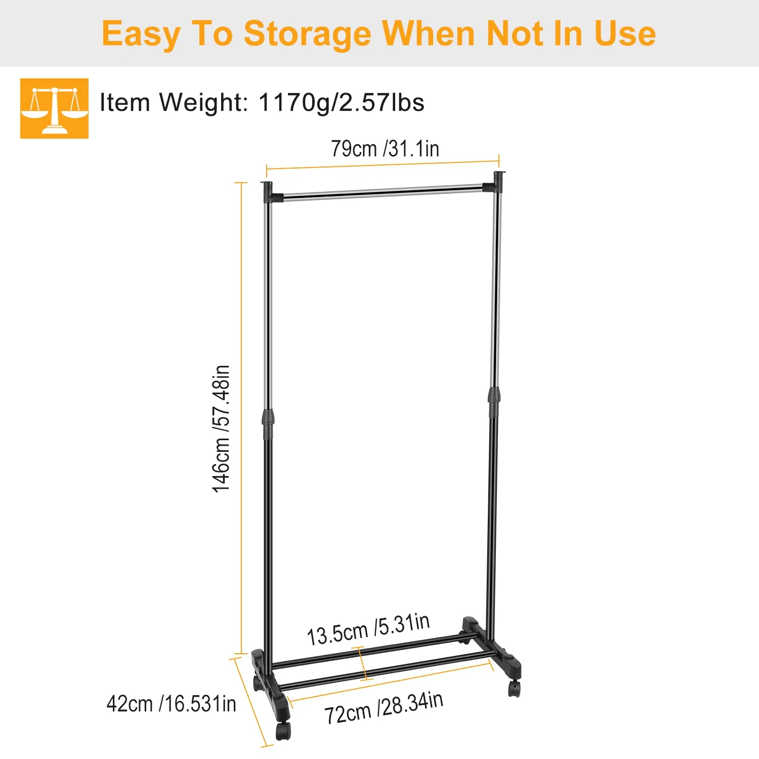 15kg/33lbs Garment Racks 3.12ft-4.80ft Height Adjustable Clothes Stand Foldable Clothes Hanger w/ Wheels Storage Shelf For Dormitory Home photo 3