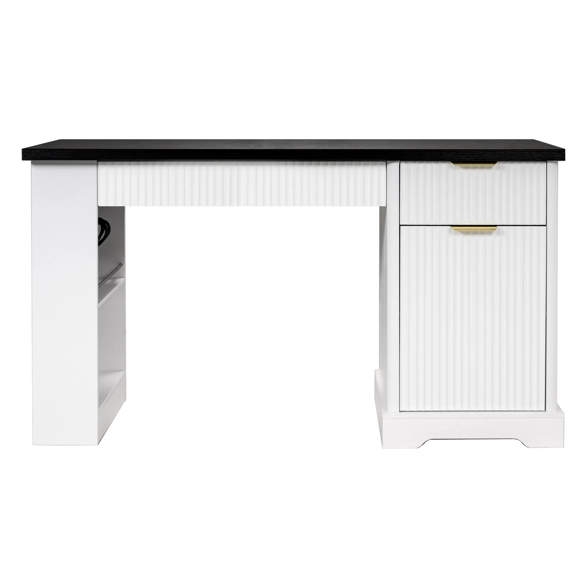 55" Modern Fluted Office Desk with Storage Cabinet & Drawers, Computer Writing Desk with Power Outlet, Pegboard, Built-in Shelves and Keyboard Tray for Study, Living Room, Home Office, White photo 3