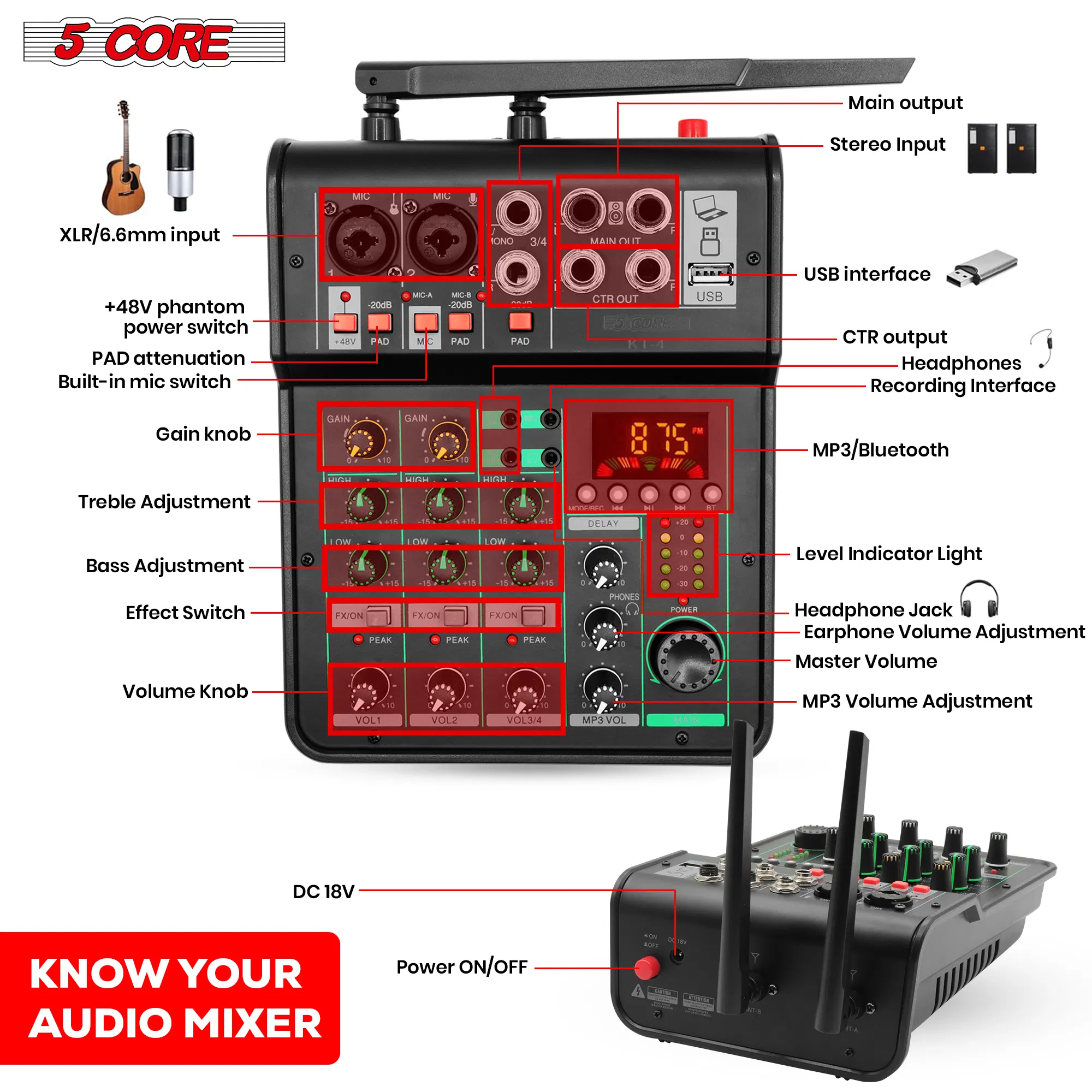 5 Core Audio Mixer Sound Board 4 Channel XLR Stereo Receiver w Bluetooth USB Microphone PA Karaoke Music Podcast Mixing Soundboard Mini Mezcladora Para DJ - MX 4CH 2MIC GLD photo 4