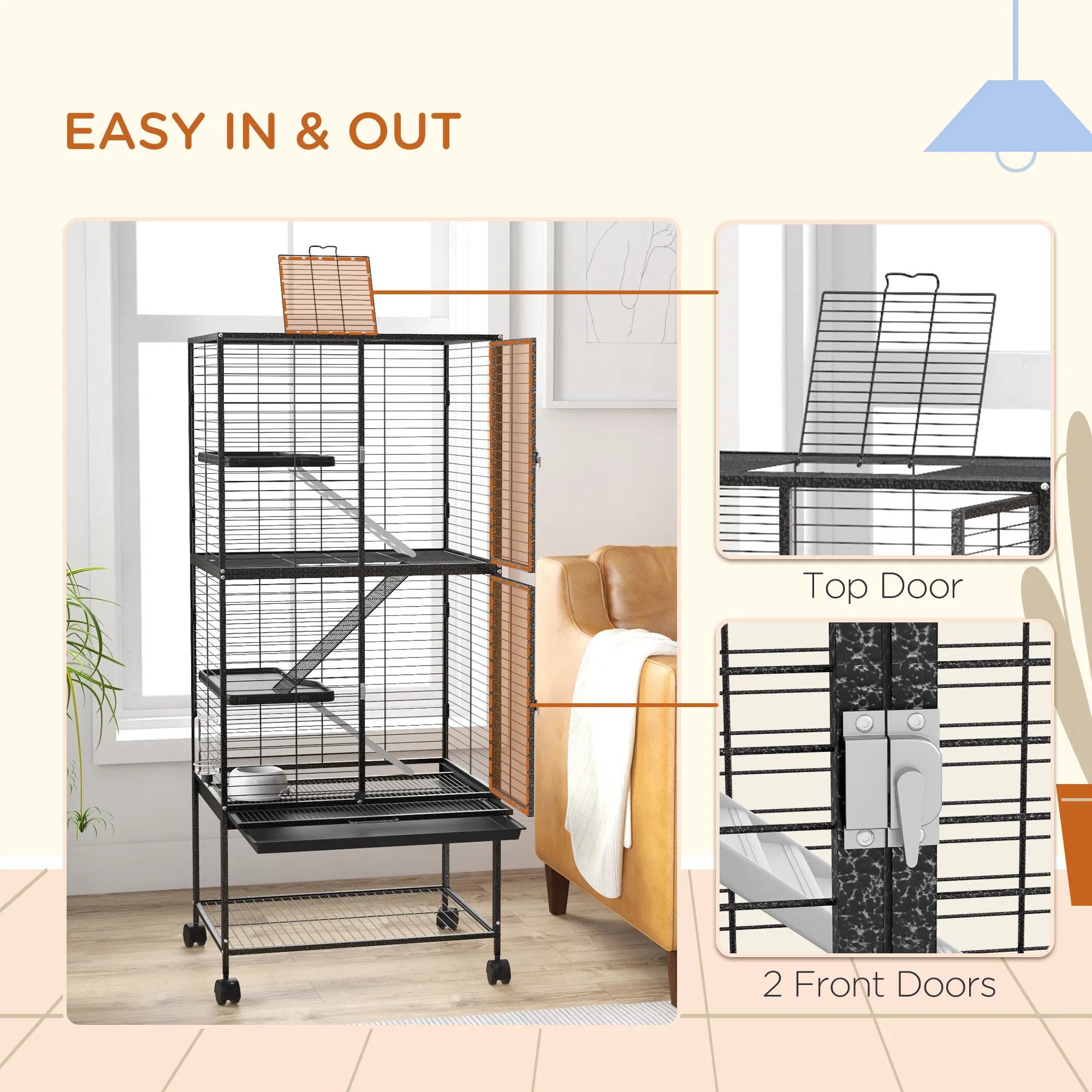 Rolling Small Animal Cage 53.5"H Chinchilla Cage for Ferrets, Squirrels w/ Removable Tray, Storage Shelf, Dark Grey photo 6
