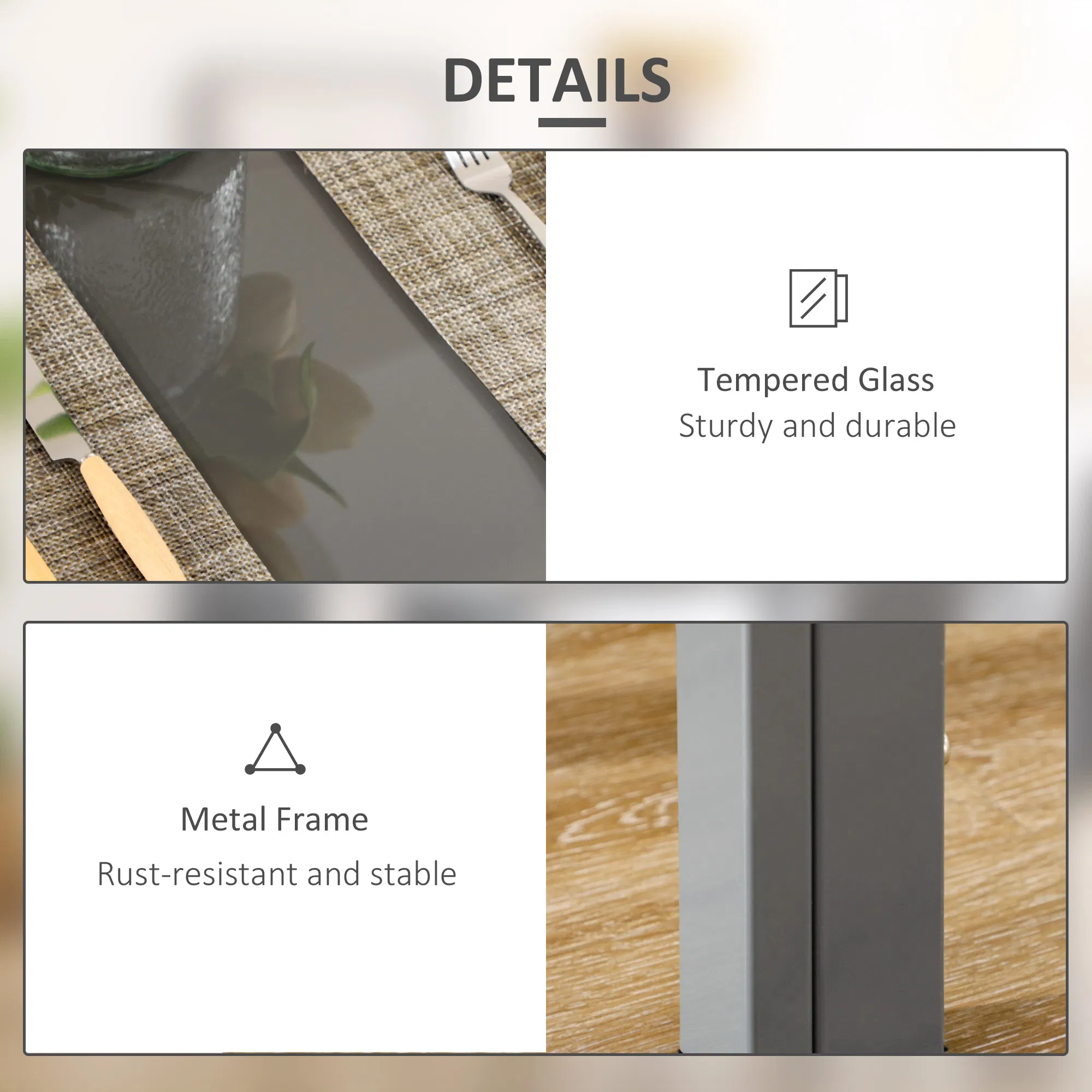 3-Piece Rectangular Glass Kitchen Table and Chairs with Metal Frame and Faux Leather Upholstery for Dining Room, Grey photo 5