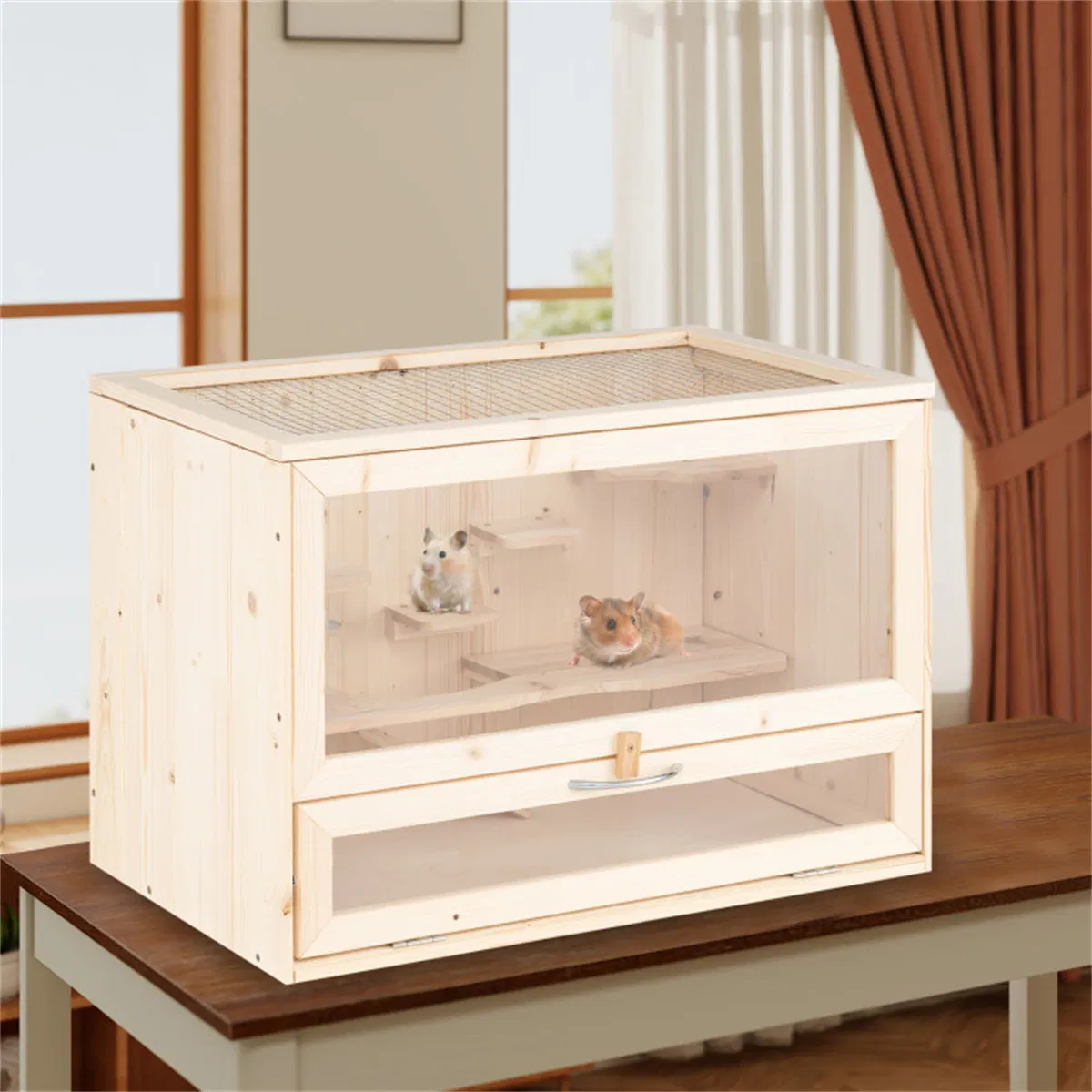 Fir Wood Hamster Cage with Flip Roof, Multi-Ladder Activity Areas for Guinea Pigs Hedgehogs photo 3