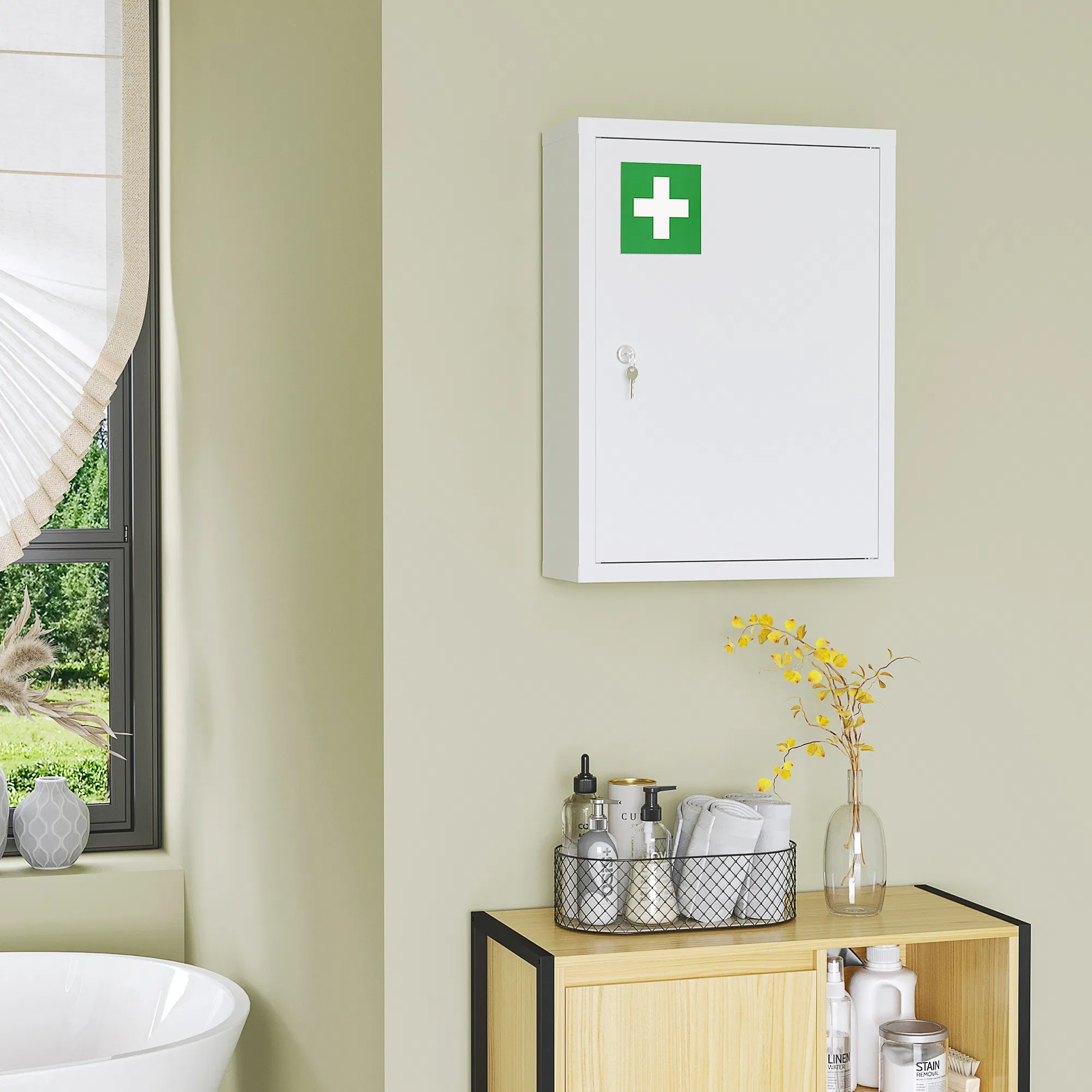 Lockable Medicine Cabinet, 3 Tier Steel Medical Wall Box with 2 Keys and Shelves for Bathroom, White photo 6