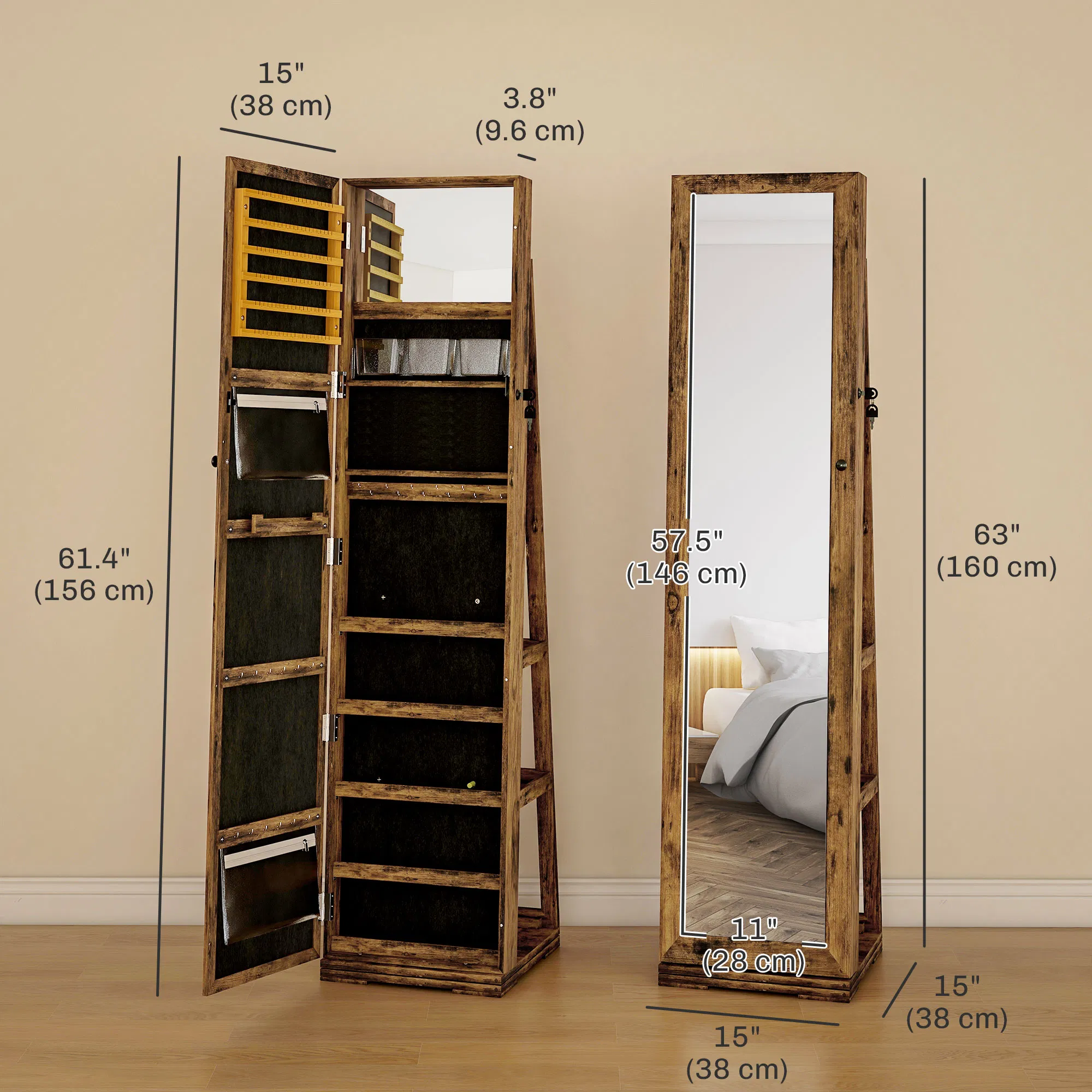 Swivel Jewelry Armoire, Lockable Mirror Jewelry Cabinet with Built-In Small Mirror, Rustic Brown photo 2