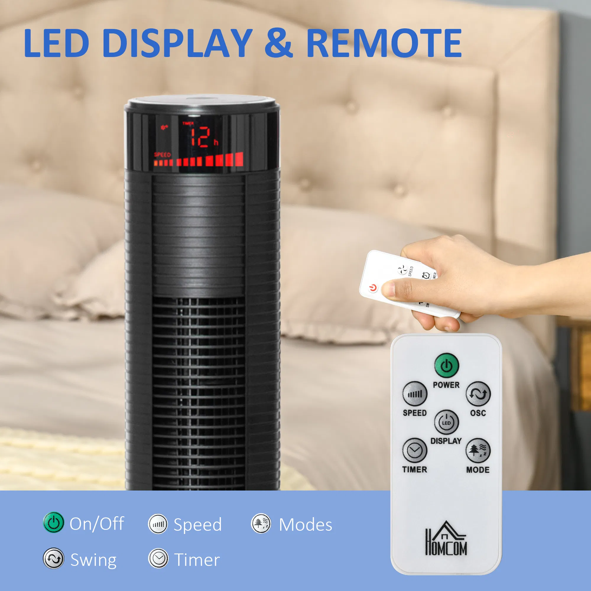 Freestanding Tower Fan Cooling for Home Bedroom with 3 Speed, 12h Timer, Oscillating, LED Panel, Remote Controller, Black photo 6
