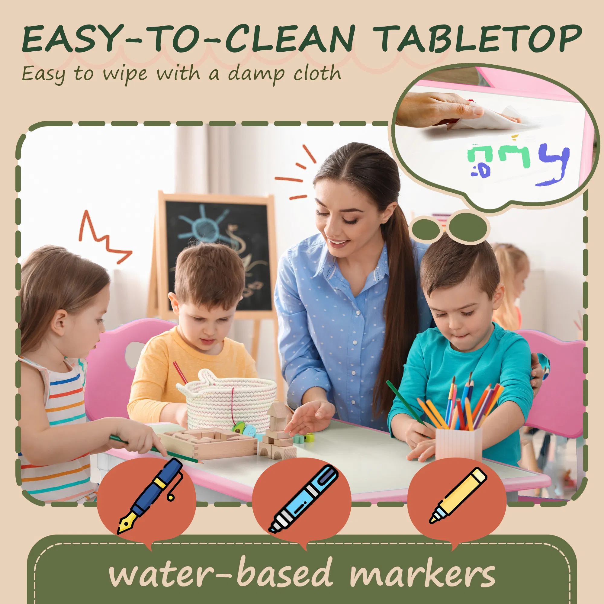 Kids Table and Chair Set with 4 Chairs, Adjustable Height, Easy to Clean, for 1.5 - 5 Years Old, Pink photo 2
