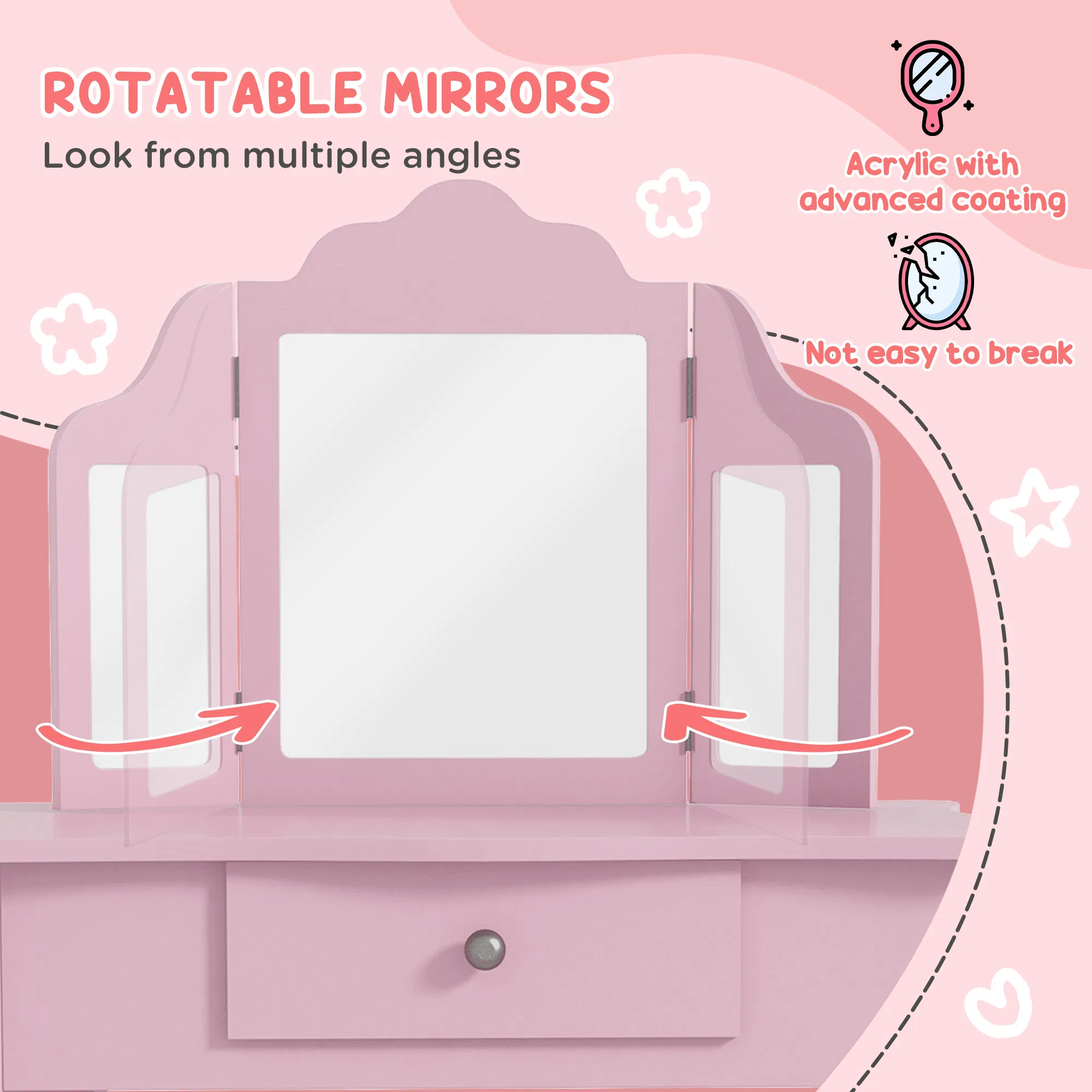Kids Vanity Table and Stool, Makeup Vanity Girls Dressing Table Set with Tri-folding Mirrors Drawer Star and Heart Pattern, Pink photo 2
