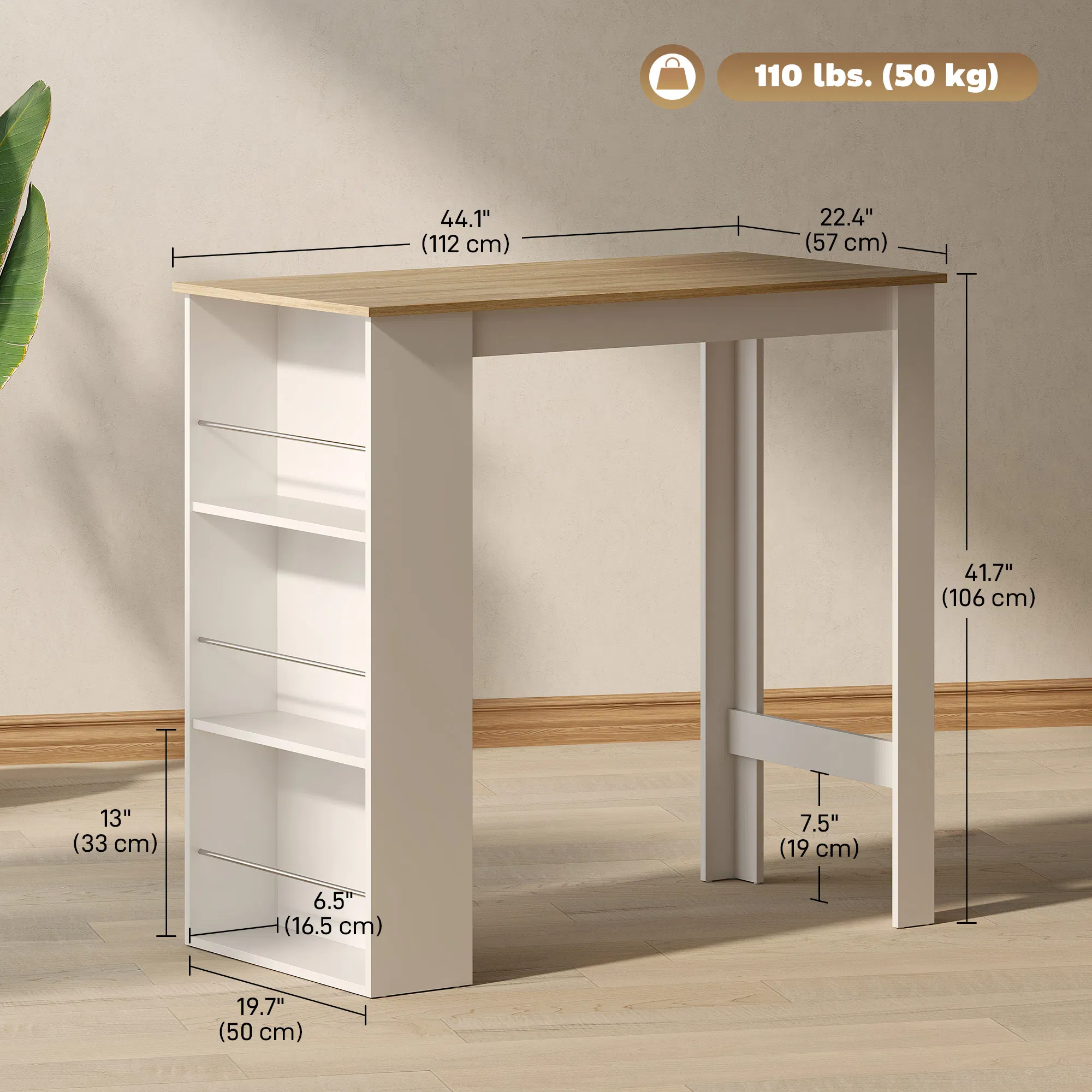 Bar Table Counter Height Dining Table with 3 Storage Shelves for Kitchen, Dining Room, Living Room, White photo 6