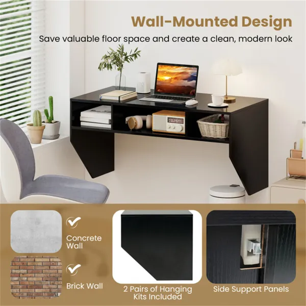 Black Wall-Mounted Floating Computer Desk with 3-Cube Storage, Sturdy Wooden Workstation for Home Office photo 8