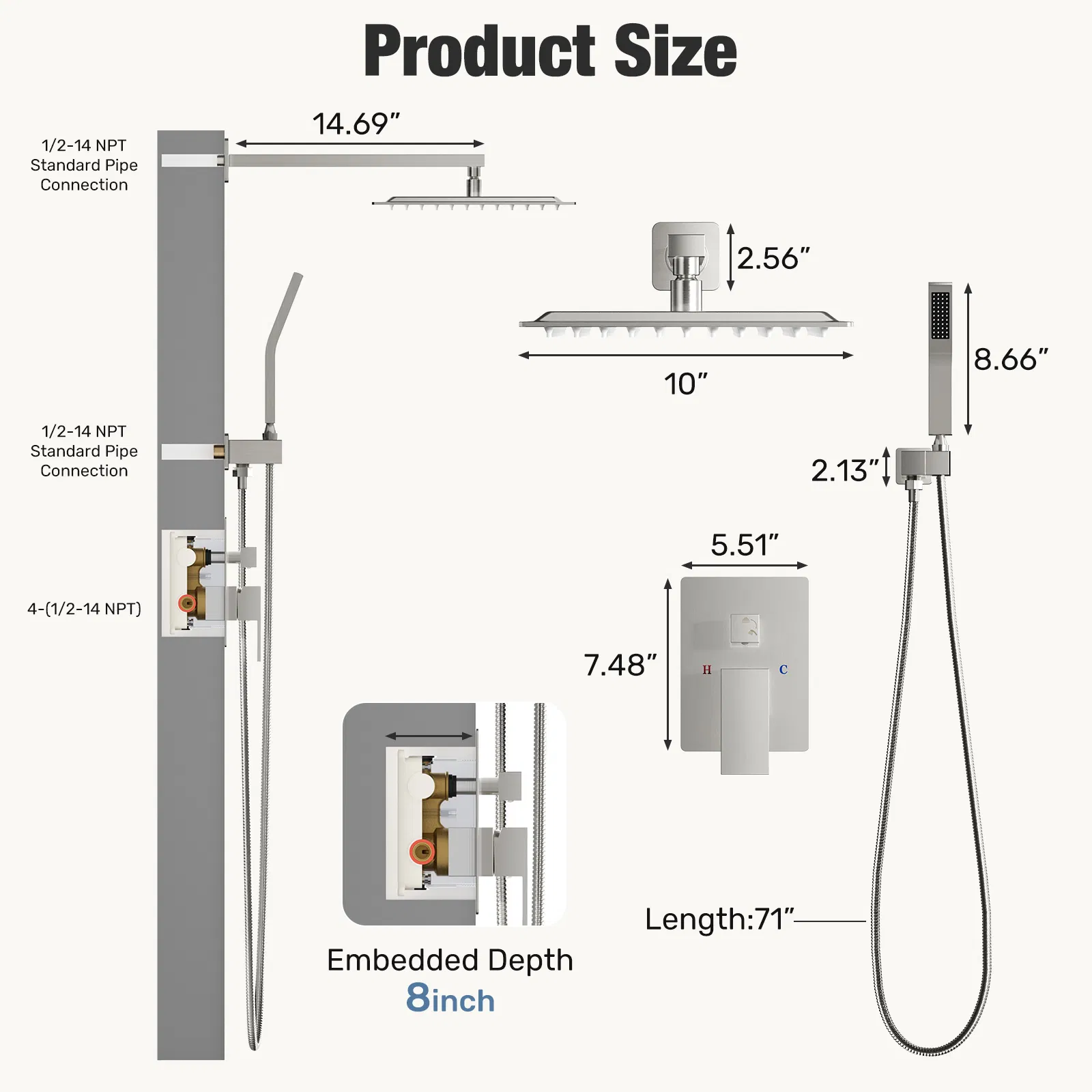 Wall-mounted shower faucet set - 10-12inch square overhead spray + handheld shower head with pressure balance and temperature control valve photo 2