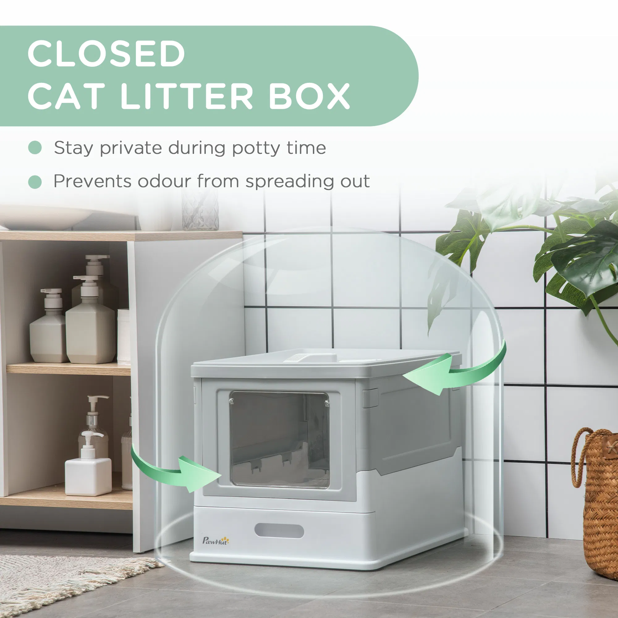 Top Entry Enclosed Kitty Litter Box with Scoop, Tray, Front Entry, Large Space, Foldable, Portable, Grey photo 6
