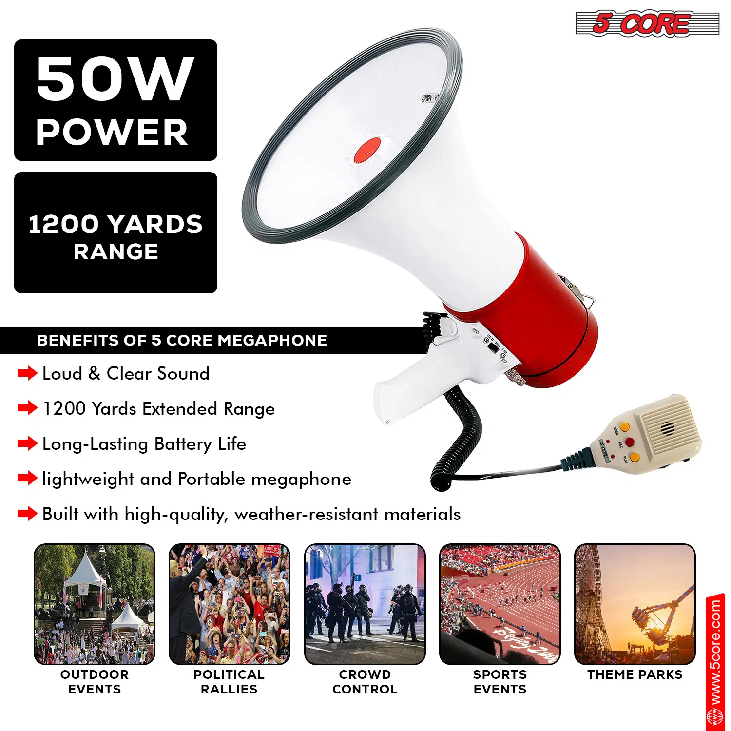 5 Core Megaphone 50W Bull Horn Professional PA Speaker w 1200 Yards Range Loud Siren Voice Amp photo 4