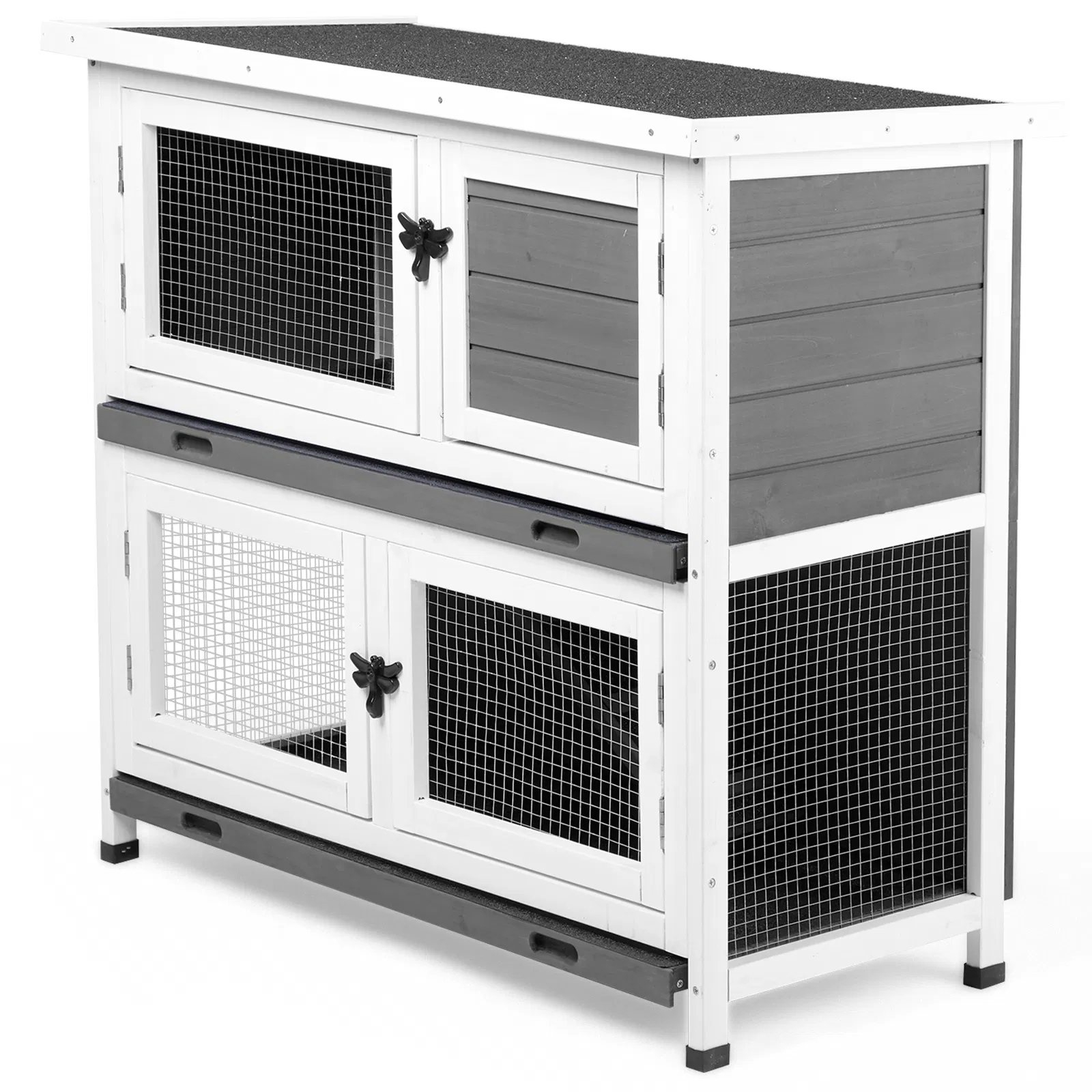 2 Story Solid Wood Rabbit Hutch Bunny Cage with 2 Large Main Rooms, Indoor Outdoor Rabbit House Guinea Pig Cage Pet House for Small Animals with 2 Removable Trays, Grey photo 6