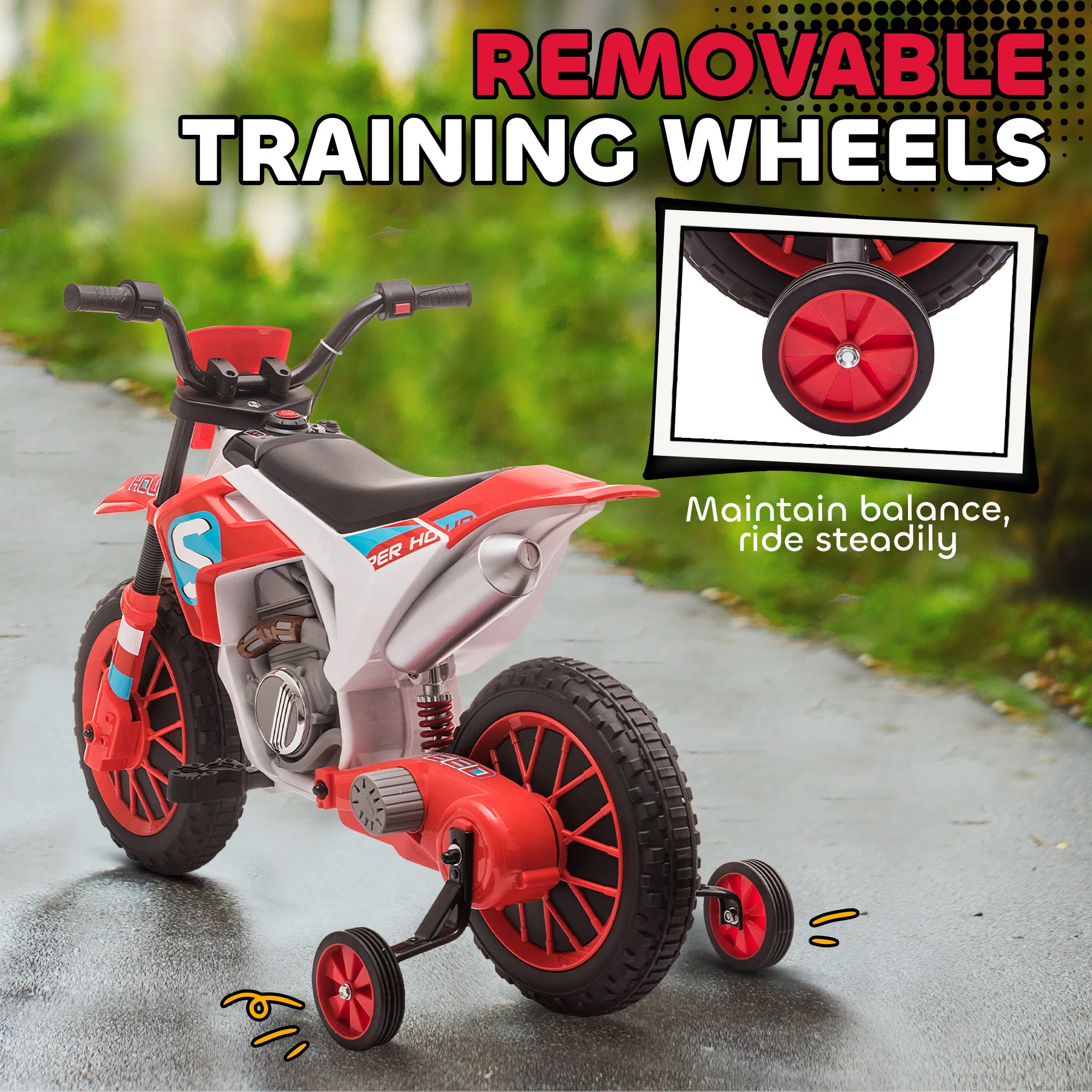 Kids Dirt Bike Battery-Powered Ride-On Electric Motorcycle with Charging 12V Battery, Training Wheels Red photo 5