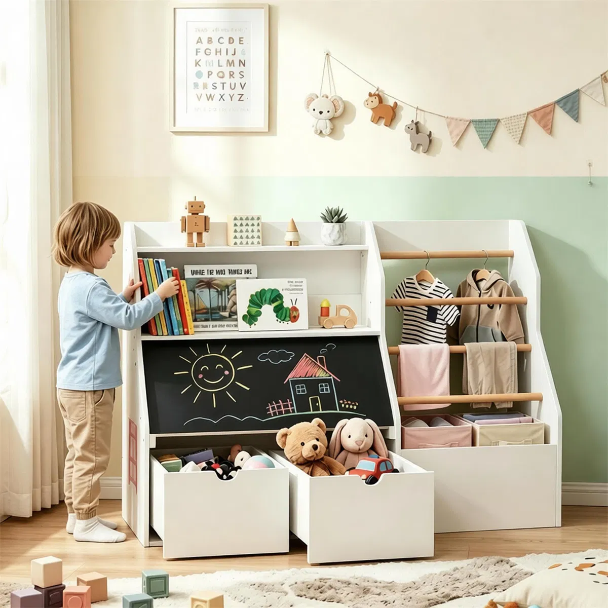 Kids Toy Storage Organizer with Flip Chalkboard, Rolling Drawers & Hanging Rods, Rounded Edge Toddler Bookshelf Engineered Wood Playroom Cabinet for Children 3+ Years Old photo 6