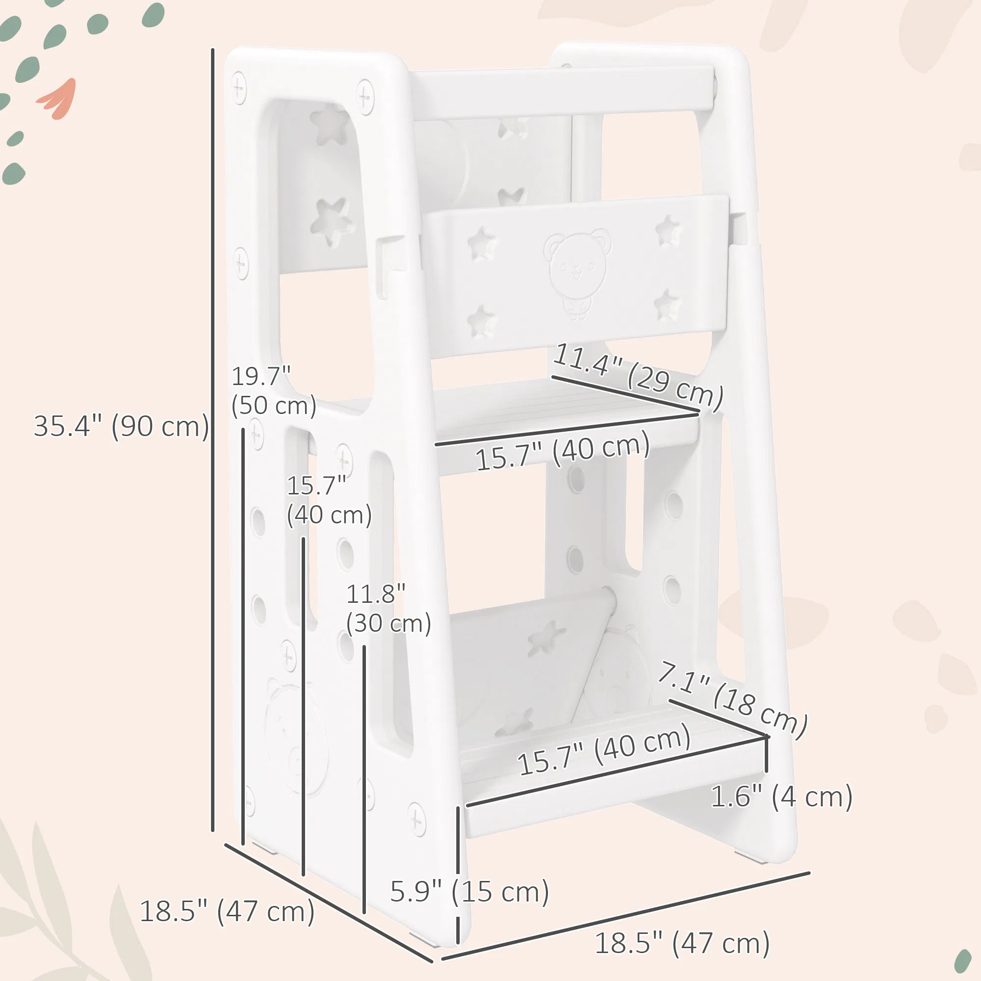 Toddler Kitchen Helper 2 Step Stool with Adjustable Height Platform and Safety Rail, White photo 3