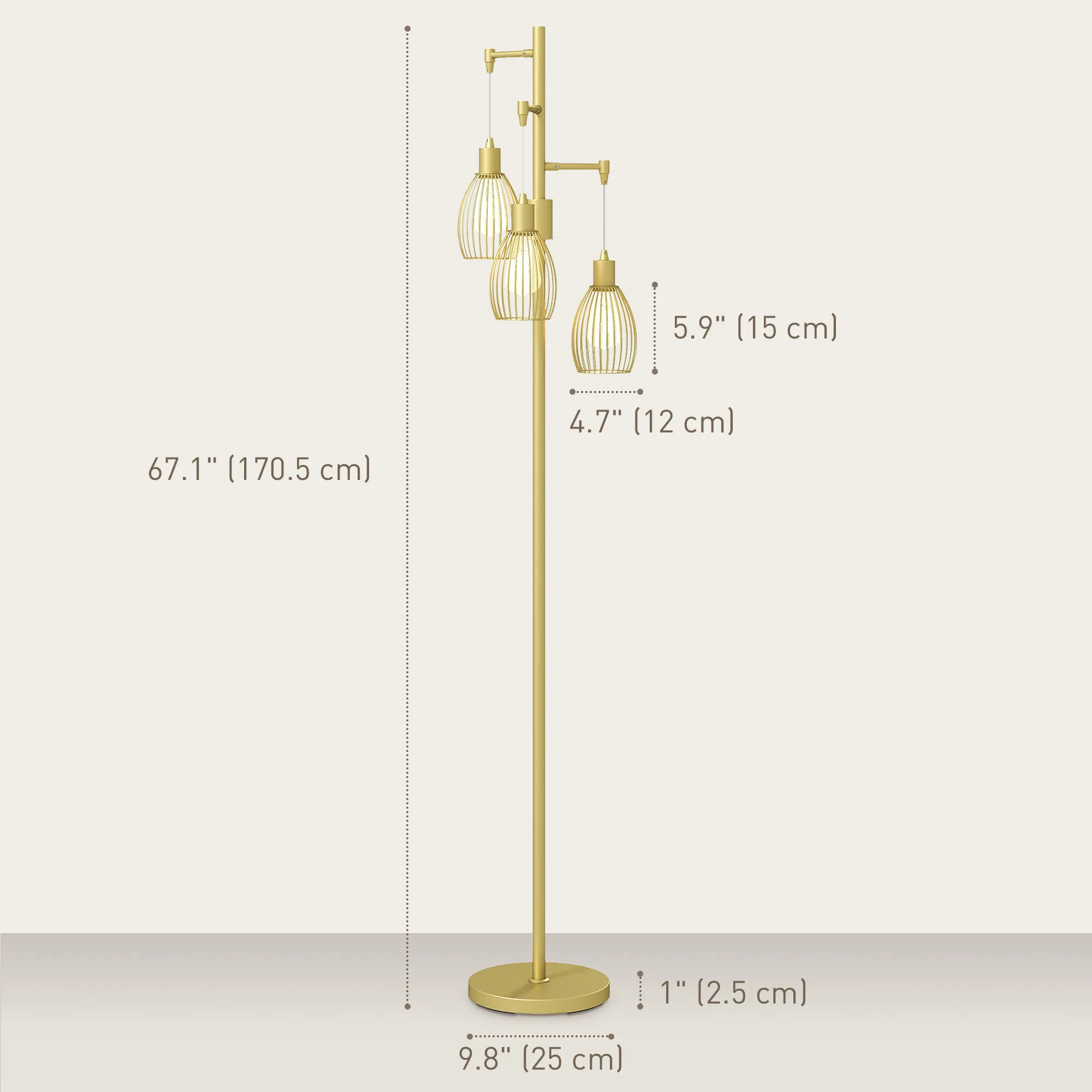 Industrial Floor Lamp with 3 Hanging Wire Lampshades, Dimmable Standing Lamp for Living Room, Gold photo 4