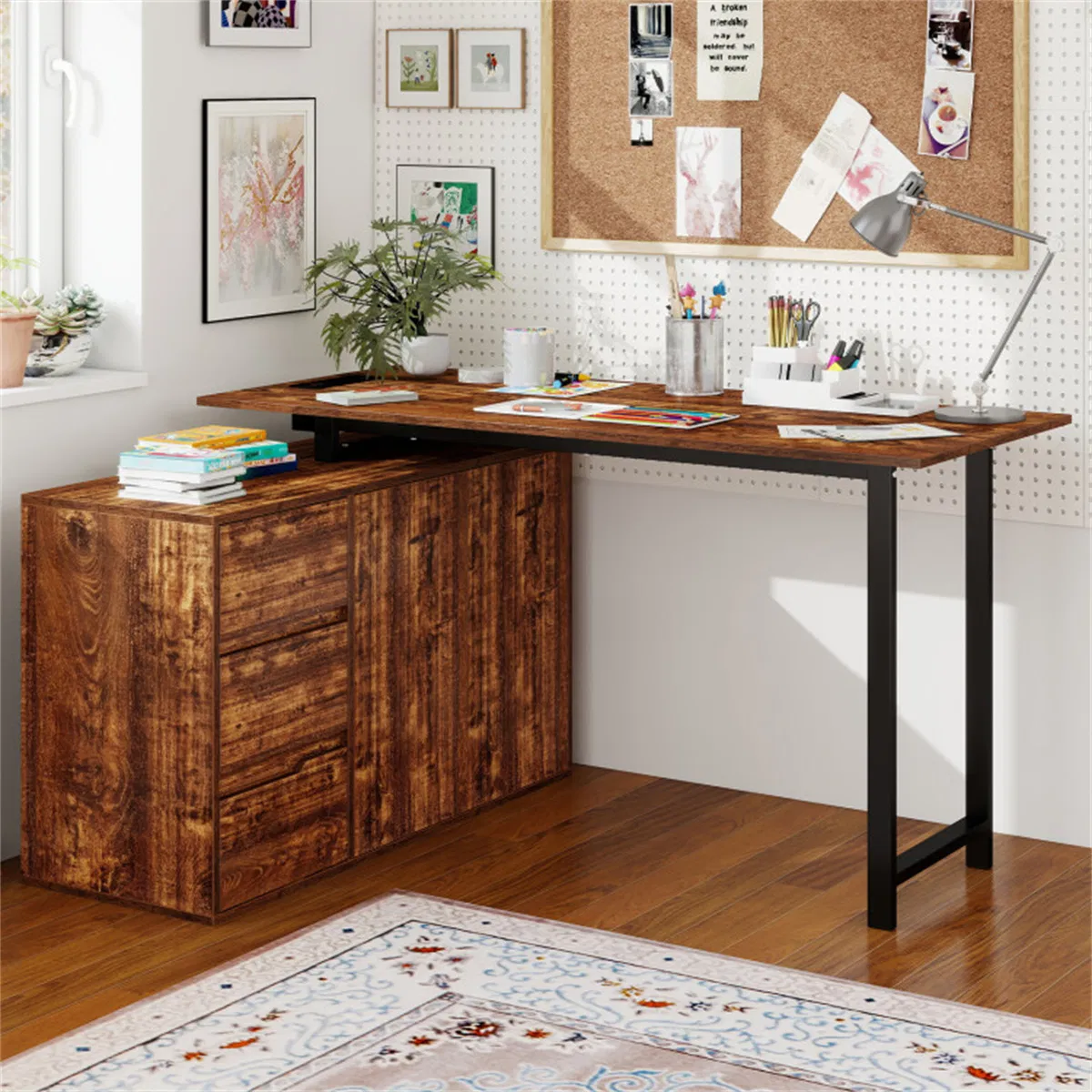 Reversible L-Shaped Desk with Built-in Charging Station, Home Office Desk with Drawers & File Cabinet - Rustic Brown photo 6
