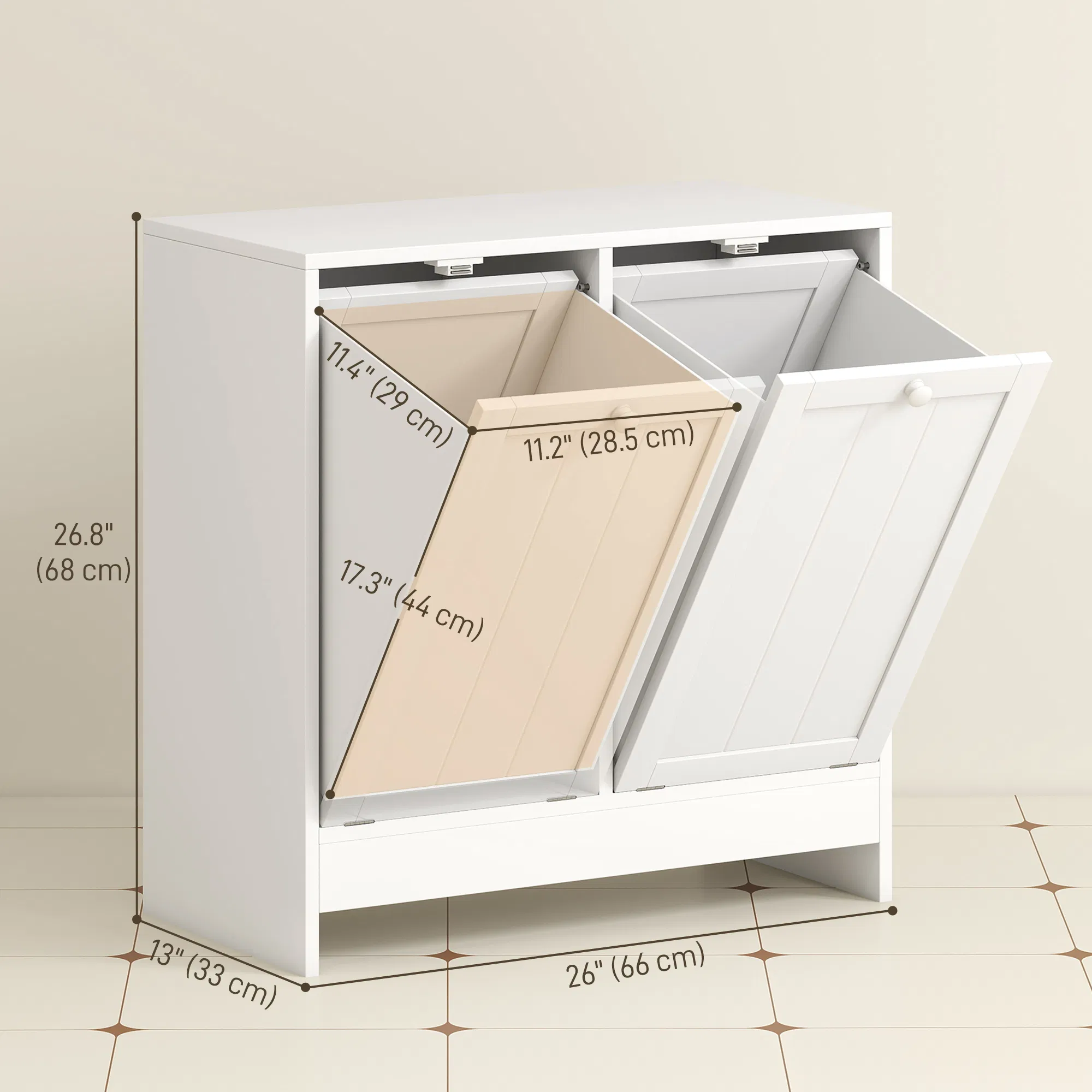 Tilt-Out Laundry Storage Cabinet, Modern Laundry Hamper with 2 Compartments for Bathroom Washroom, White photo 4