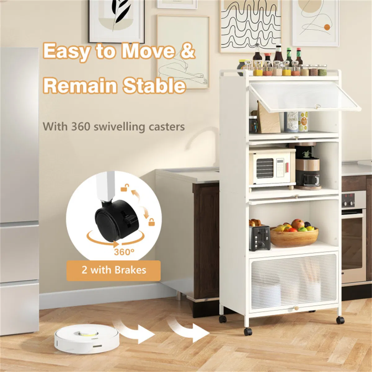 5-Tier Rolling Microwave Stand Flip Dust-Proof Doors 4 Casters with Brakes Kitchen Storage Rack White photo 3