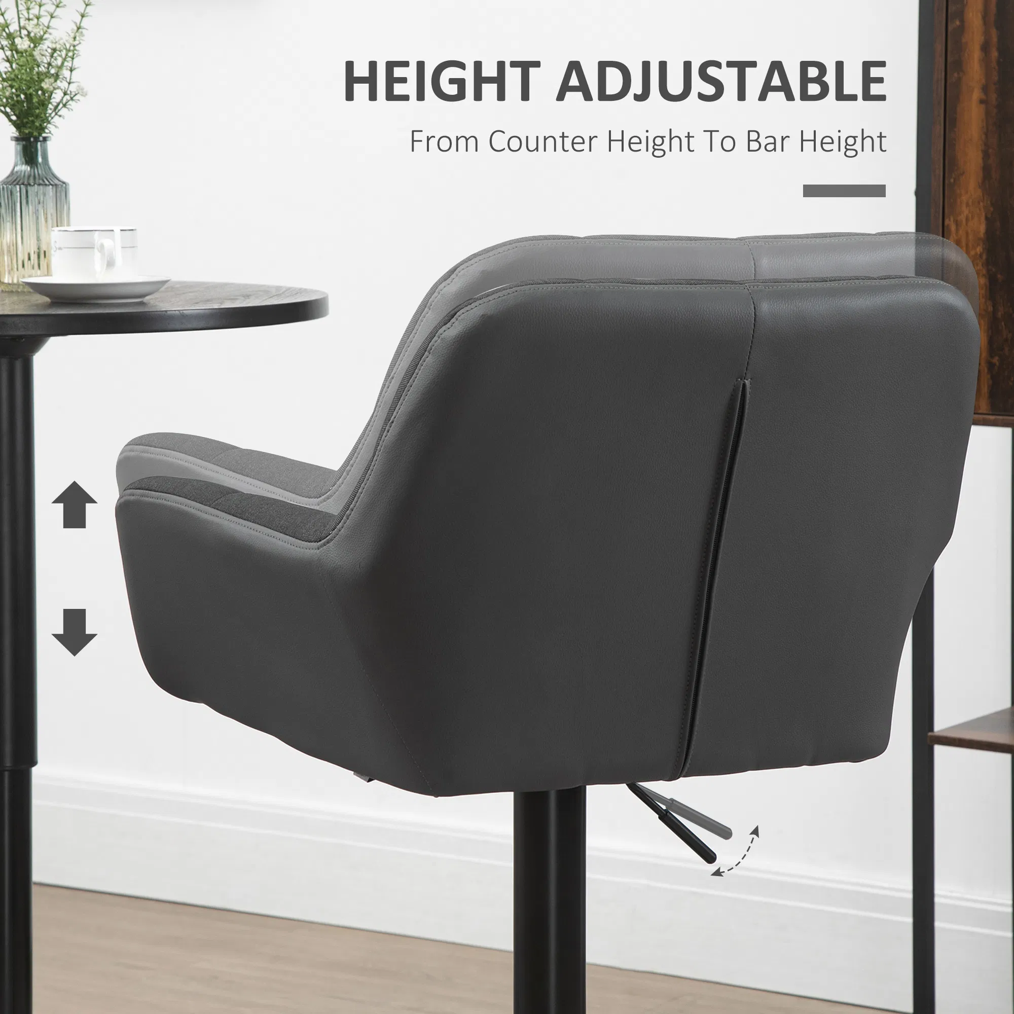 Swivel Barstools Set of 2 Adjustable Bar Stools with Footrest Armrests and PU Leather Back for Dining Room Black, Grey photo 4