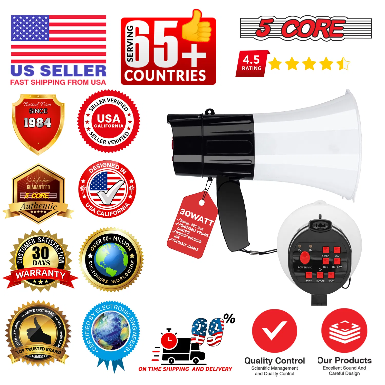 5 Core Megaphone 30W Bull Horn PA Speaker w 800 Yards Range Siren Loud Megafono for Sports & Coaches photo 6