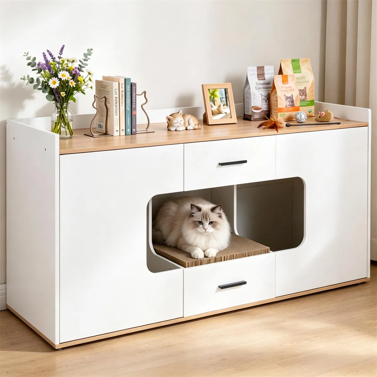 Large Cat Litter Box Enclosure Furniture with Storage Drawers & Built-In Scratching Board, Hidden Cat Washroom Cabinet with Anti-Tipping Kit for Living Room Bedroom photo 6
