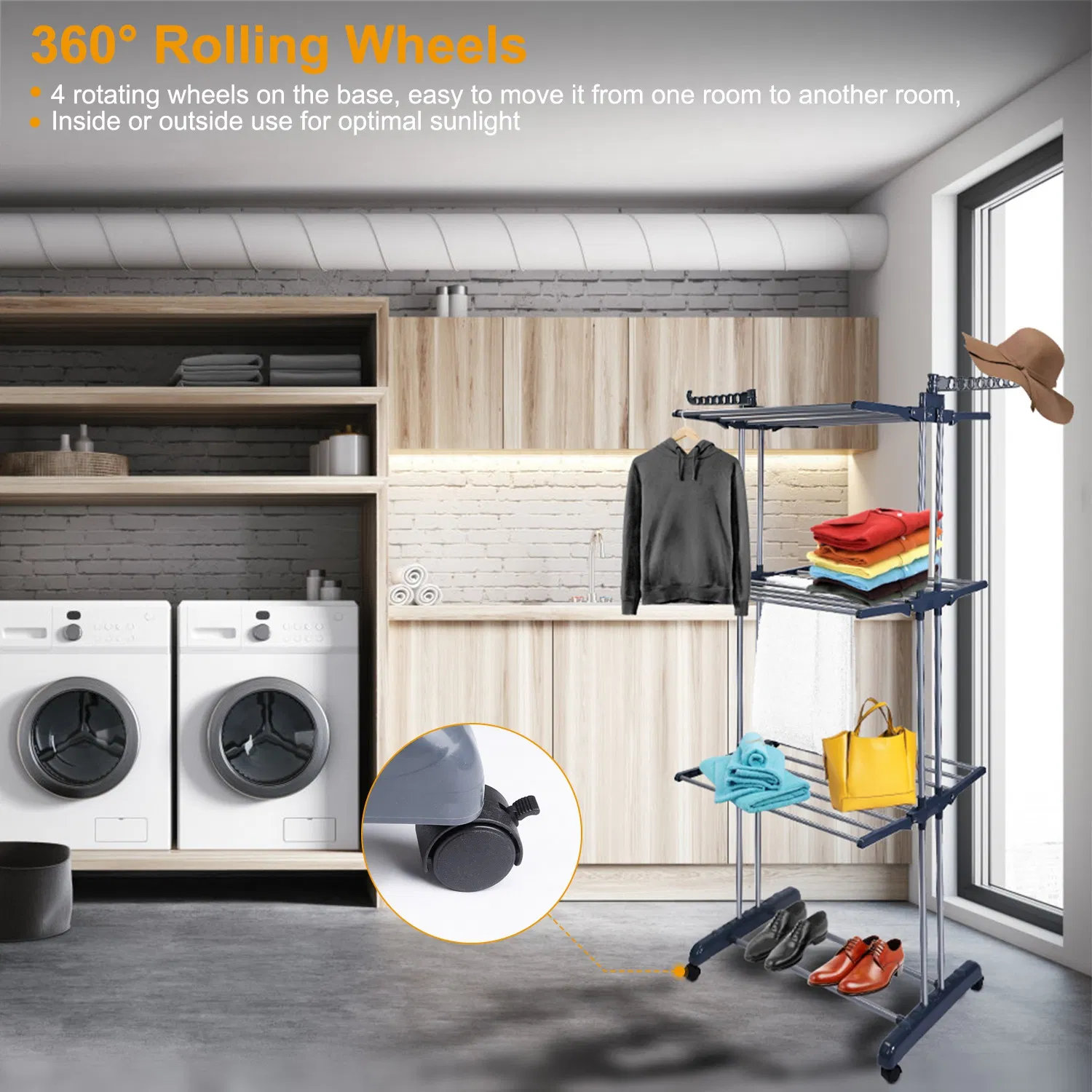 Clothes Drying Rack Rolling Collapsible Laundry Dryer Hanger Stand Rail Shelve Wardrobe Clothing Drying Racks w/ Dual Side Wings photo 4