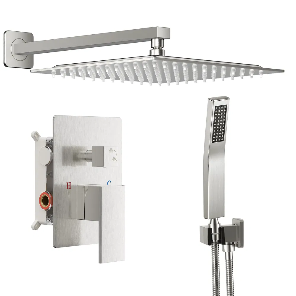Wall-mounted shower faucet set - 10-12inch square overhead spray + handheld shower head with pressure balance and temperature control valve photo 7