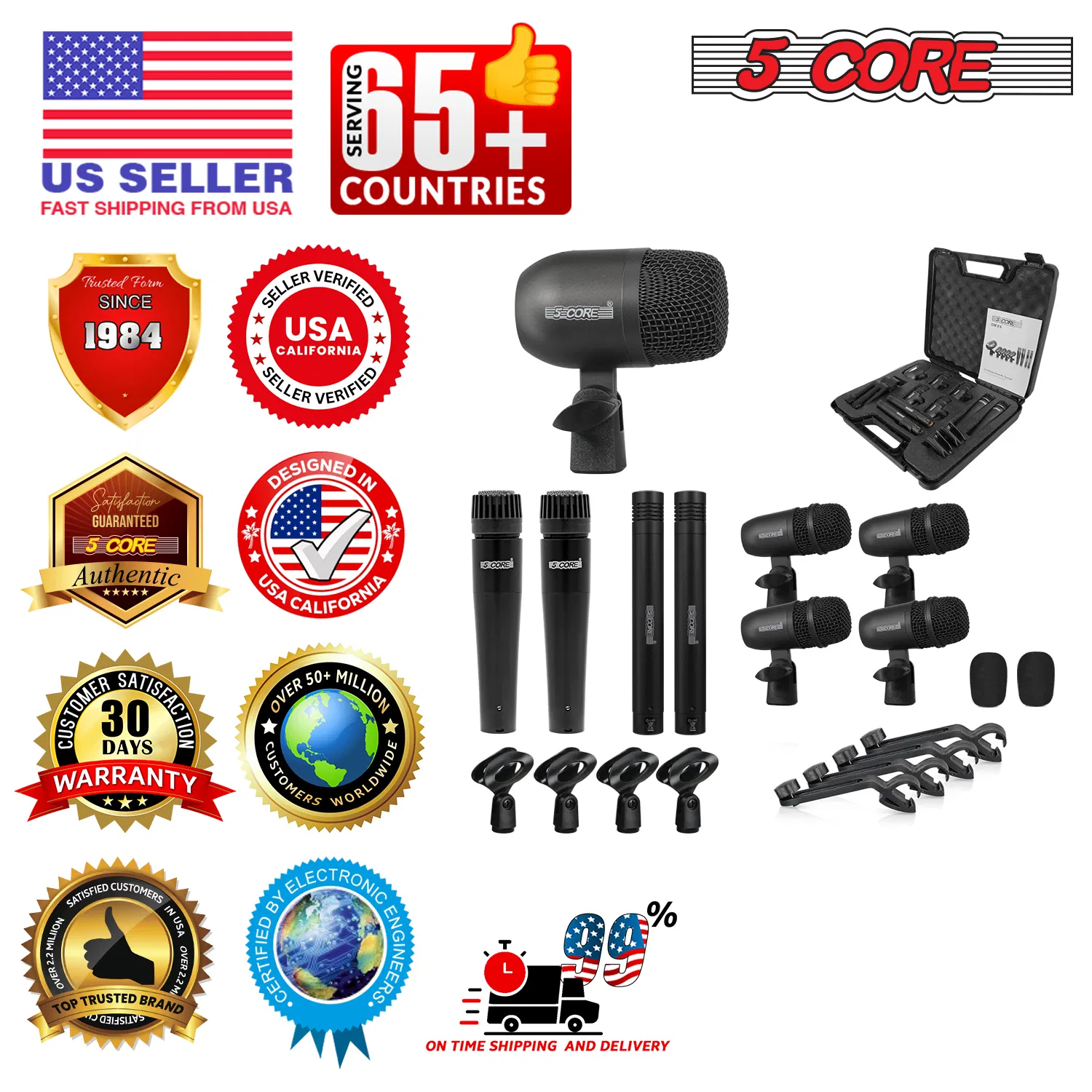 5 Core Drum Microphone Kit 9Pc All Metal Drummer Mics Tom/Snare & Cymbals Wired Instrument Drums Set photo 5