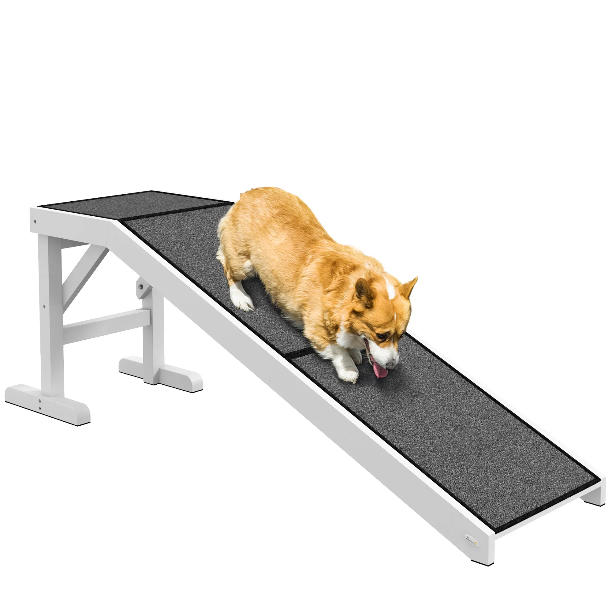 Pet Ramp Bed Steps for Dogs Cats Non-slip Carpet Top Platform Pine Wood 59"L x 16"W x 20"H White photo 1