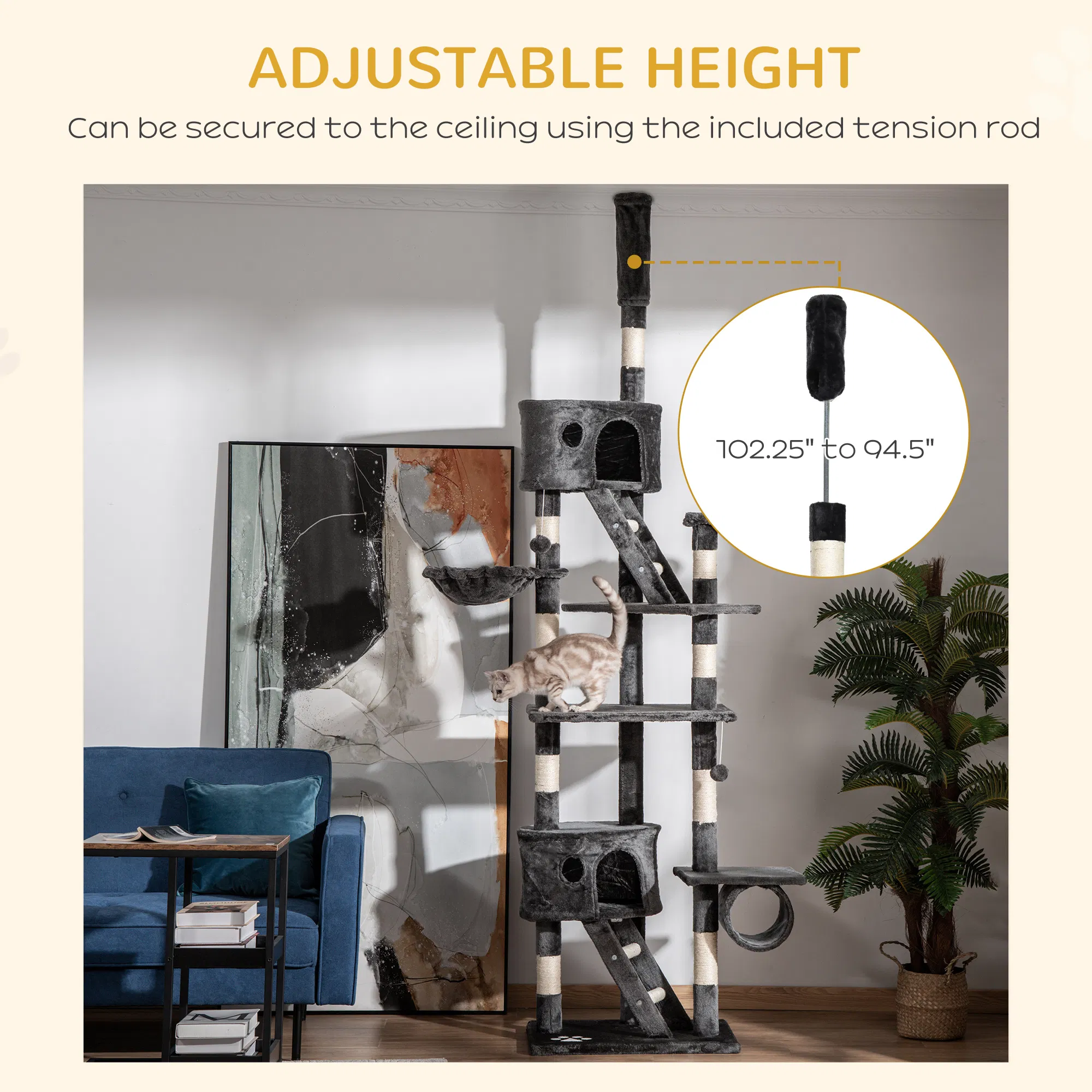 94"-102" Floor to Ceiling Cat Tree High Cat Condo Scratching Post Activity Center Multi-Level Play House Dark Grey photo 3