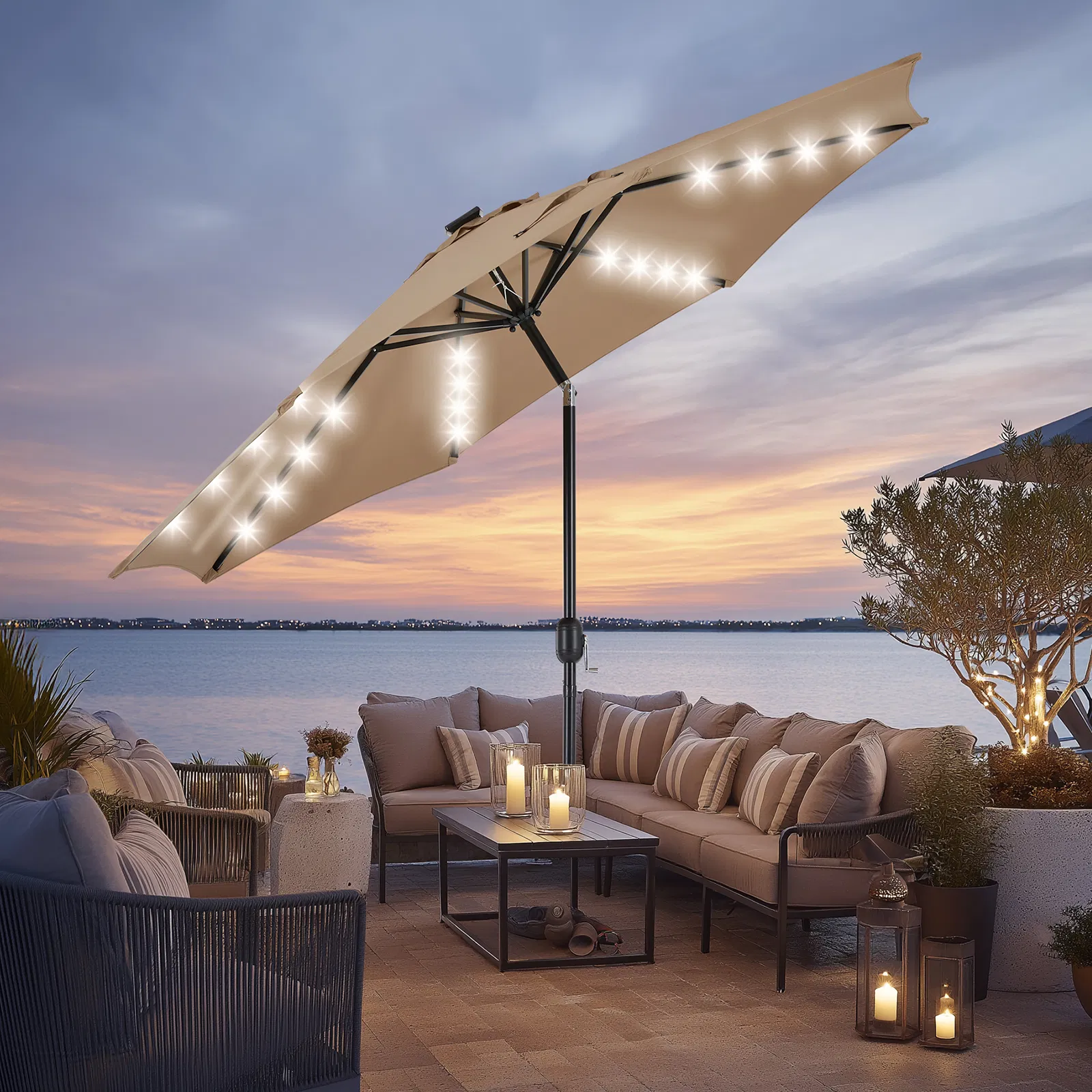 10ft Solar Polyester 32 LED Lighted Patio Umbrella with Tilt Adjustment and UV-Resistant Fabric photo 4