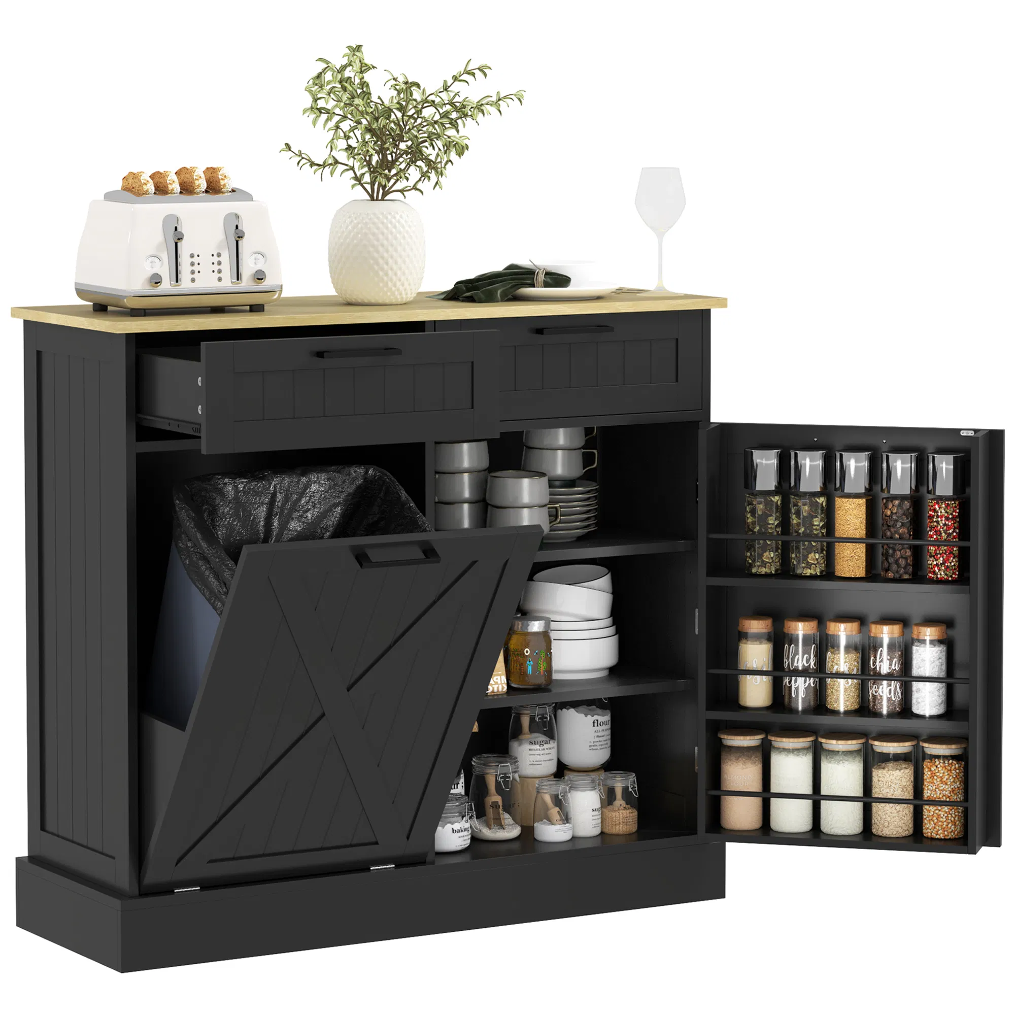 10 Gallon Hidden Garbage Bin Cabinet, Tilt Out Trash Cabinet w/ 2 Drawers, Freestanding Kitchen Island, Black photo 1