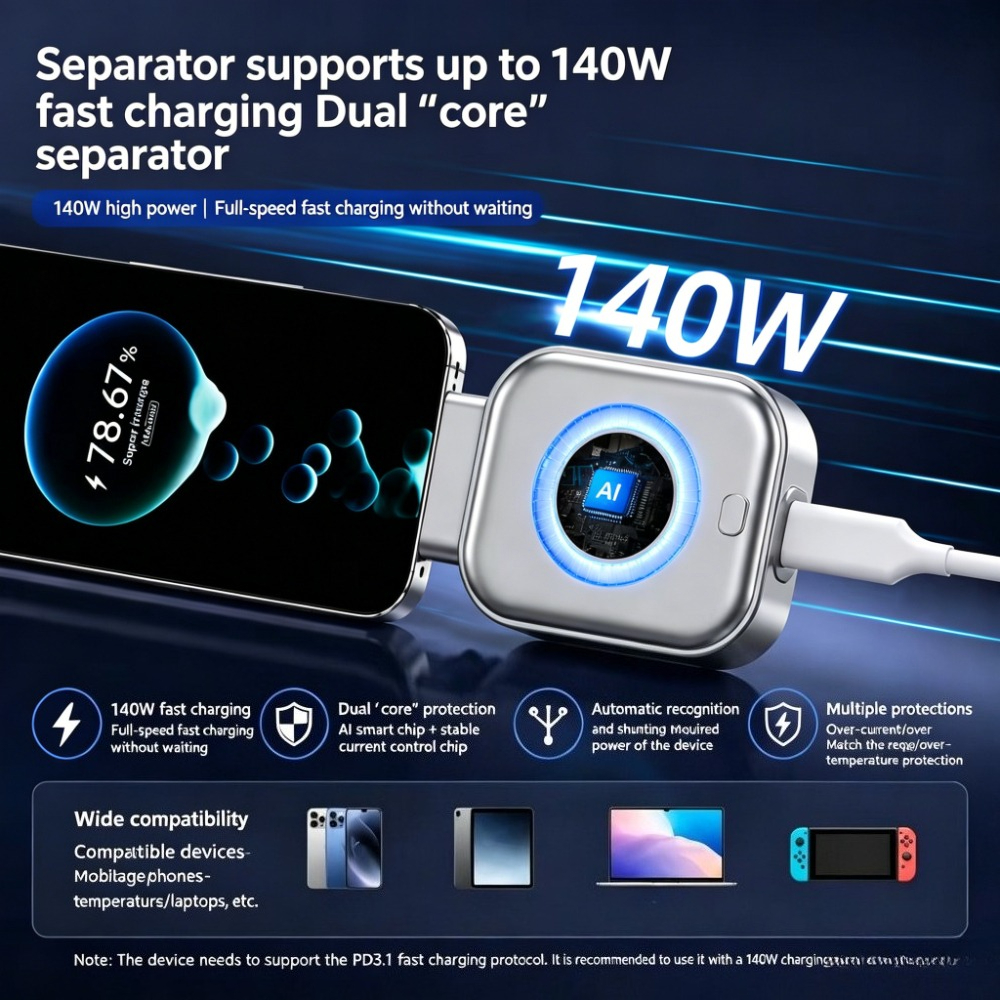 USB-C Auto Full-Charge Separator Smart Auto-Disconnect Charger Stopper 140W Overcharge Protection For Phone Android Safe Night Charging photo 2