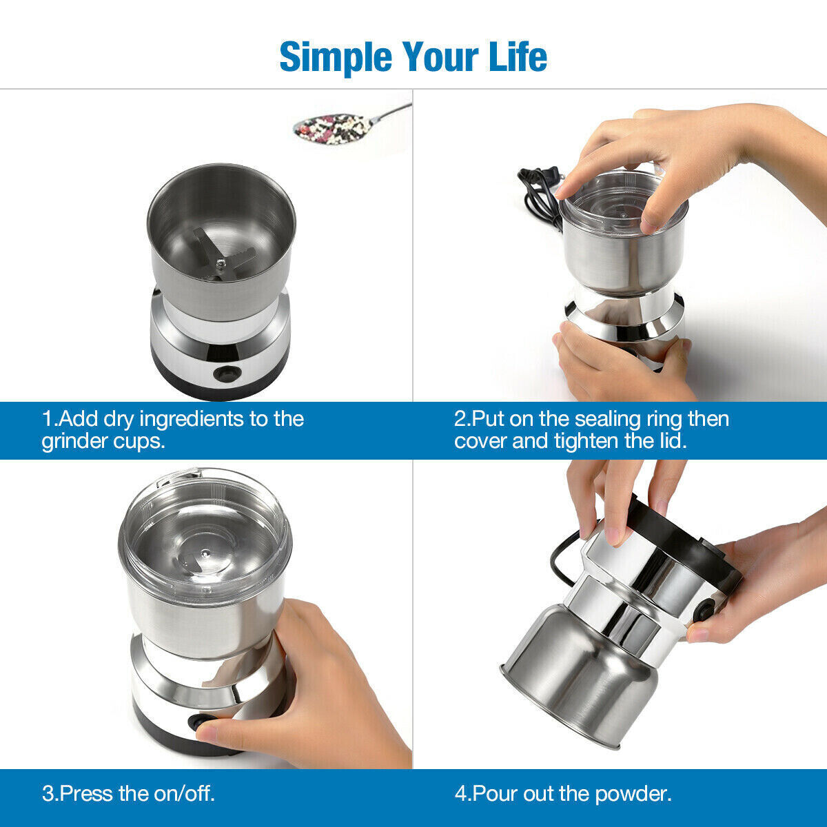 Electric Coffee Grinder With Stainless Steel Blades, 10s Fast Grinding Transparent Lid, Compact Button Operated For Coffee Beans Grains Spices photo 2